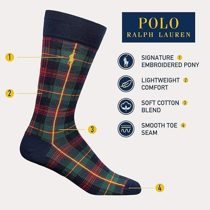 Polo Ralph Lauren Men's Argyle Pattern Dress Crew Socks - 3 Pair Pack - Soft Lightweight Cotton Comfort