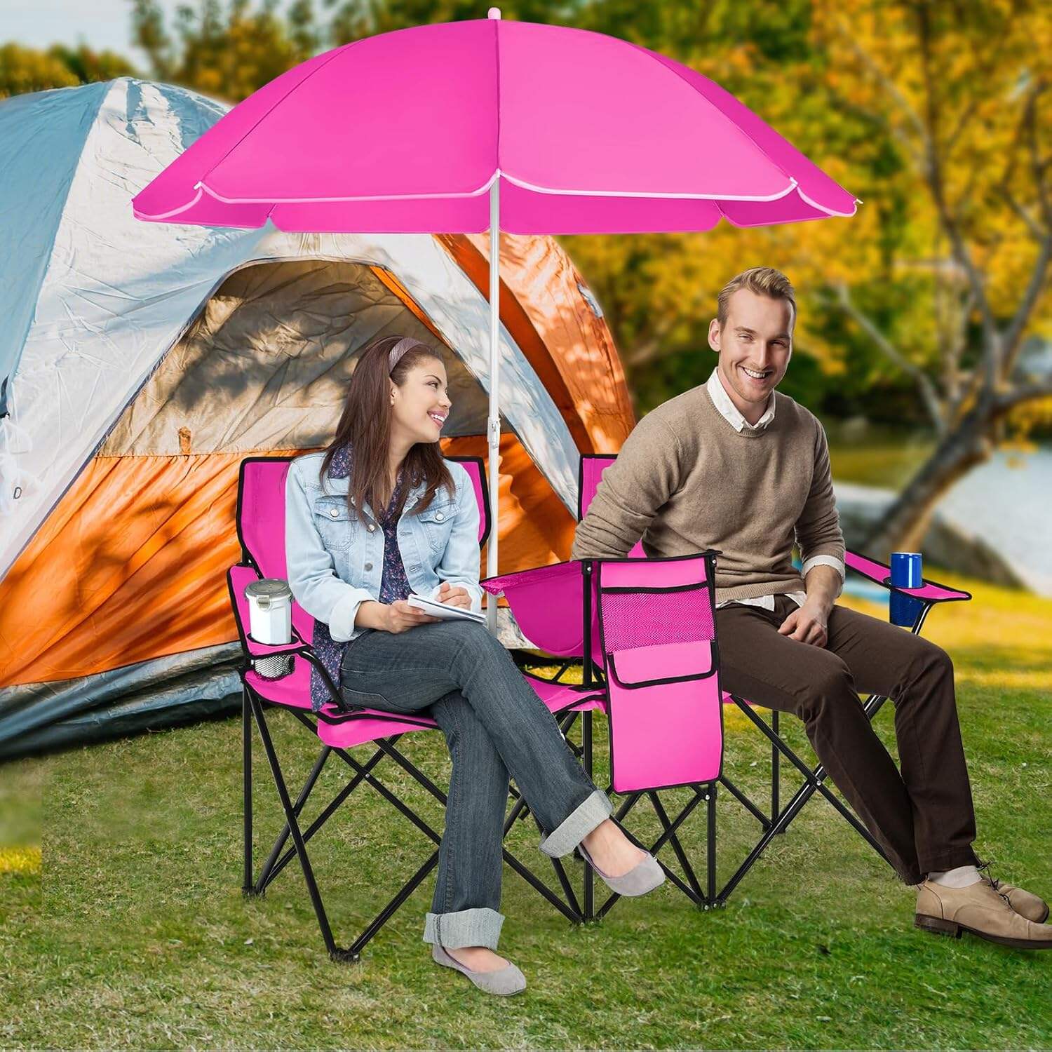 Double Camping Chair, 2-Person Portable Beach Chair w/Removable Umbrella, Cup Holders & Carrying Bag, Folding Loveseat Chairs for Adults Outdoor Picnic (Blue)