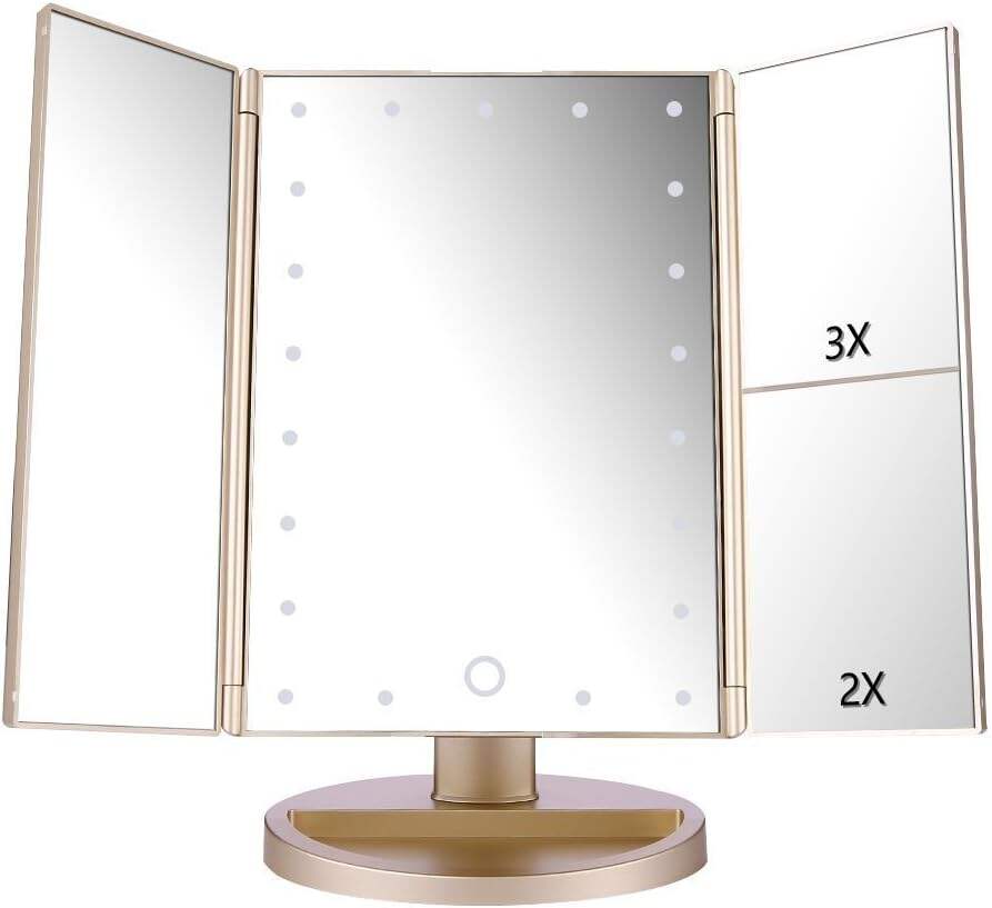 deweisn Tabletop Mount Trifold Lighted Vanity Mirror with 21 LED Lights, Touch Screen and 3X/2X/1X Magnification, Two Power Supply Mode Make up Mirror,Travel Mirror