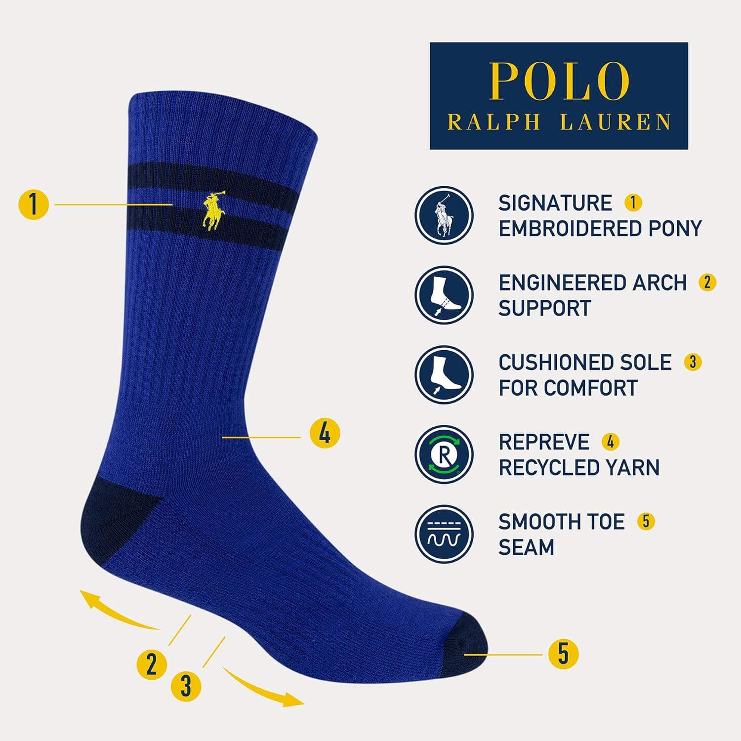 POLO RALPH LAUREN Men's Classic Sport Multi-Color Socks-6 Pair Pack-Athletic Comfort Cushioning