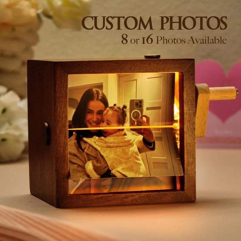 Hand Crank Photo Album with Light, Mini Photo Album, Custom Picture Flip Book Frame, Personalized Animation Machine Mechanical Hand-cranked Decoration Creative Gifts for Couple Family Mother's Day