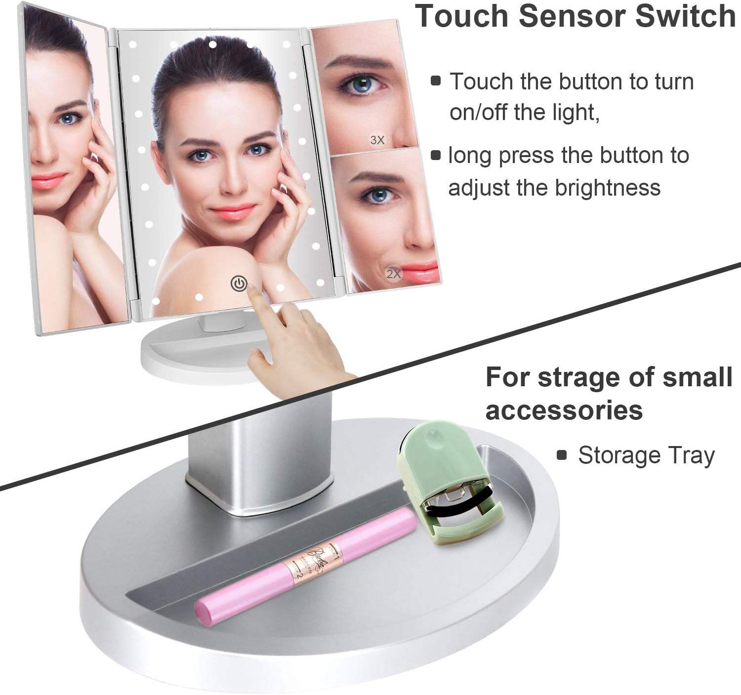 deweisn Tabletop Mount Trifold Lighted Vanity Mirror with 21 LED Lights, Touch Screen and 3X/2X/1X Magnification, Two Power Supply Mode Make up Mirror,Travel Mirror