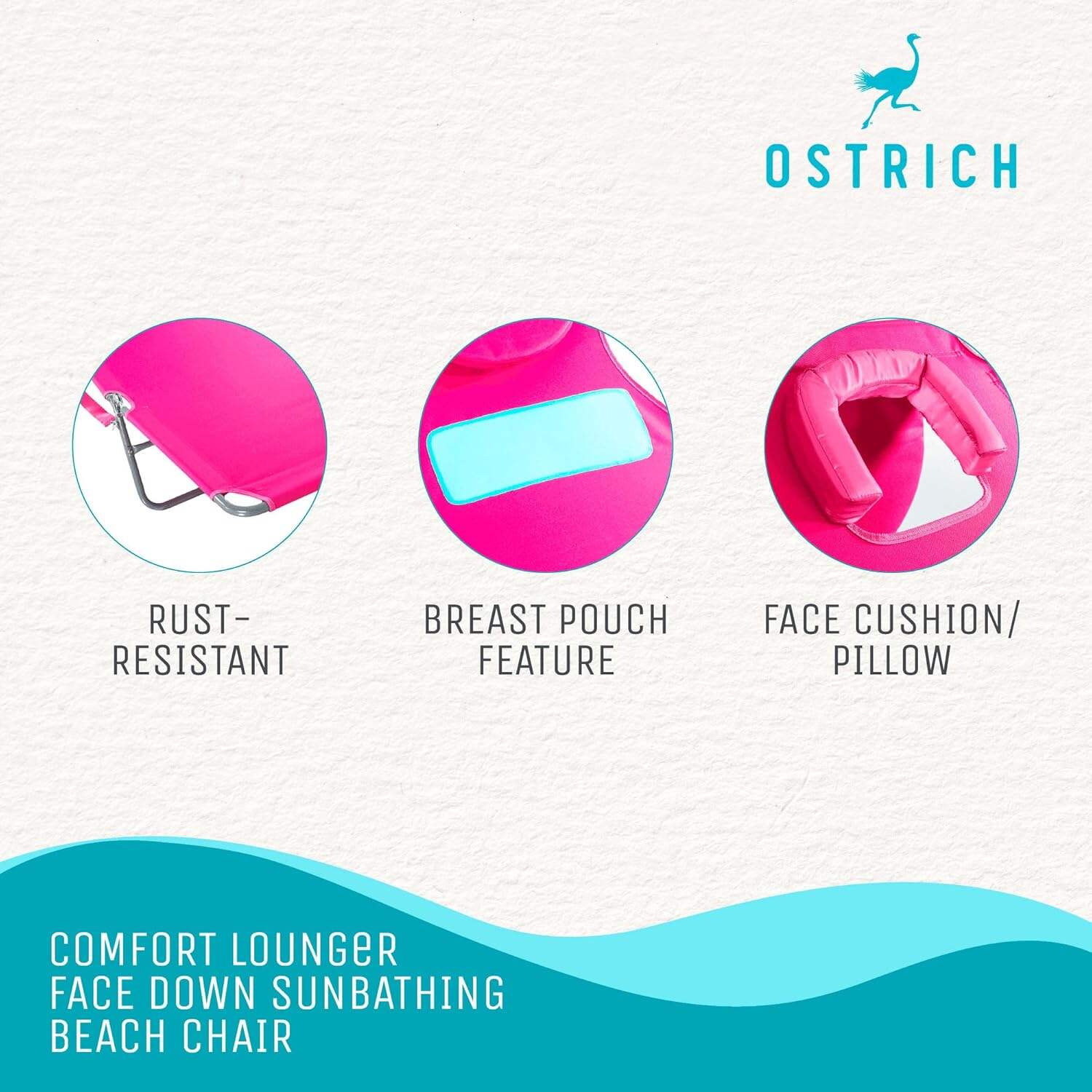 Ostrich Ladies Comfort Lounger, Foldable Beach Camping Pool Tanning Chair, Aqua