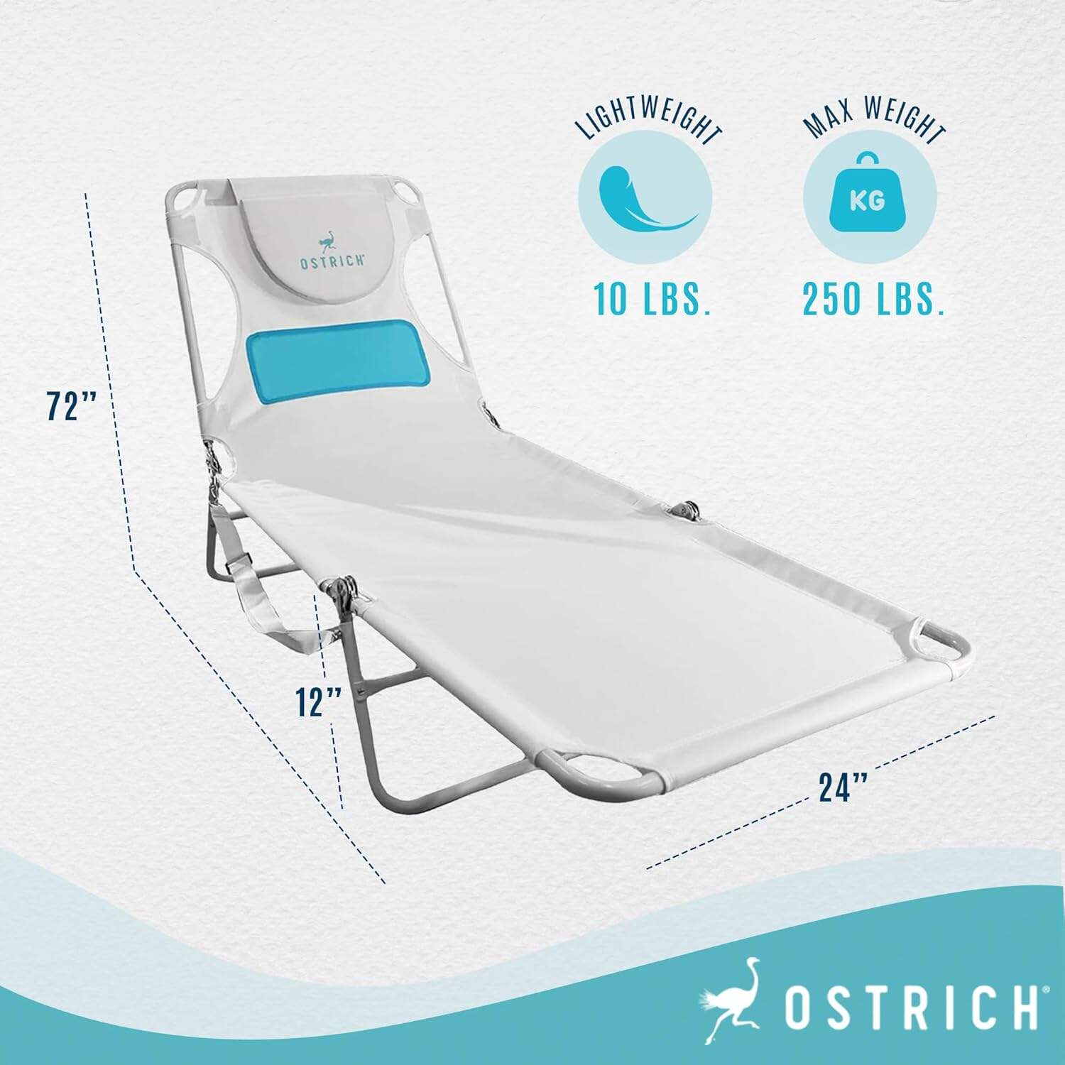 Ostrich Ladies Comfort Lounger, Foldable Beach Camping Pool Tanning Chair, Aqua