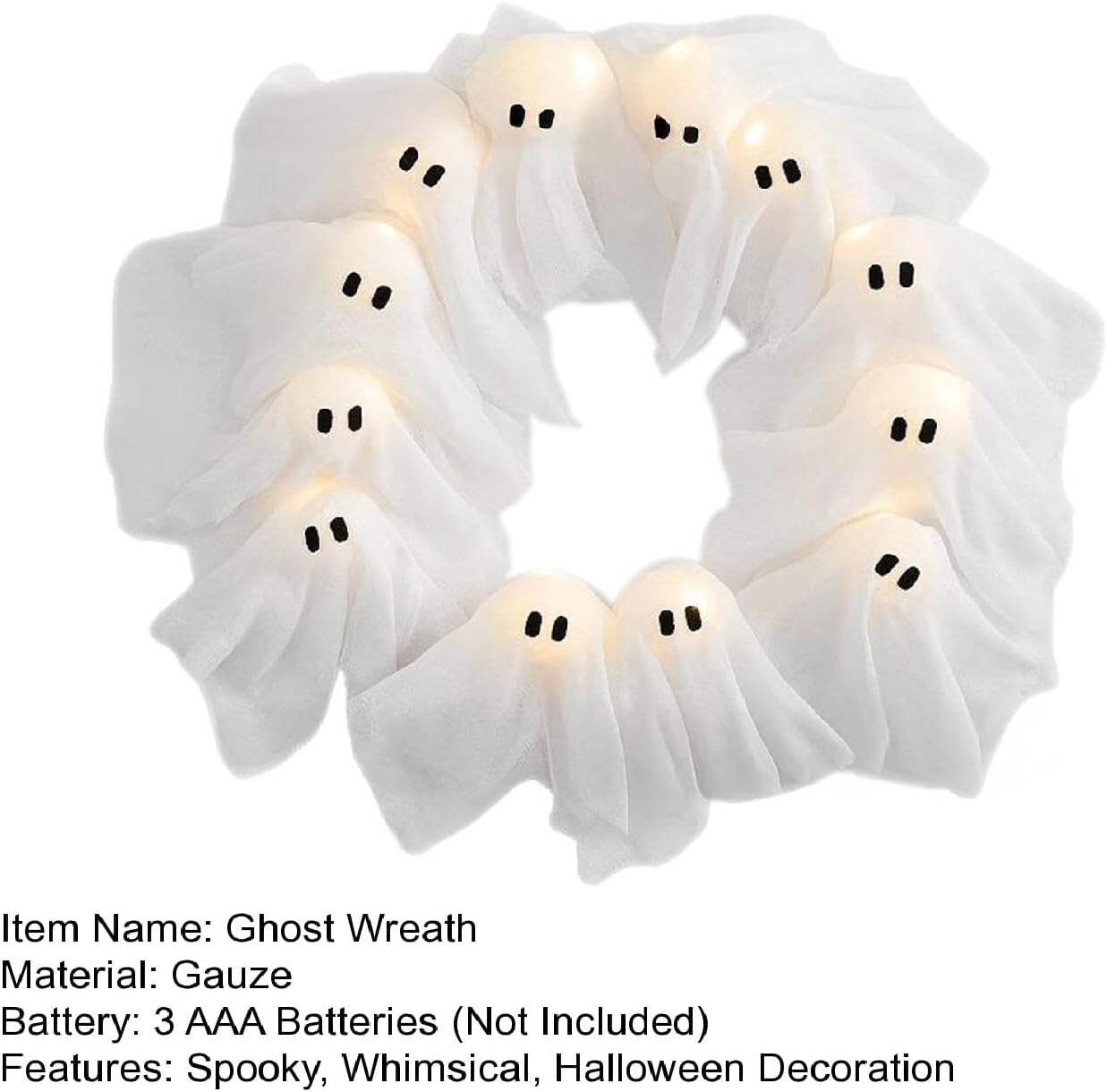 Halloween Ghost Wreath, 12 LED Light-Up White Ghost Garland, Spooky Indoor & Outdoor Hanging Decoration for Front Door, Wall, Party, Battery-Powered Halloween Decor, Holiday Spooky Garland A