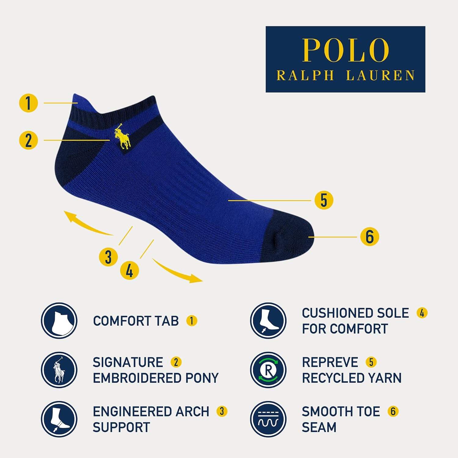 POLO RALPH LAUREN Men's Classic Sport Multi-Color Socks-6 Pair Pack-Athletic Comfort Cushioning