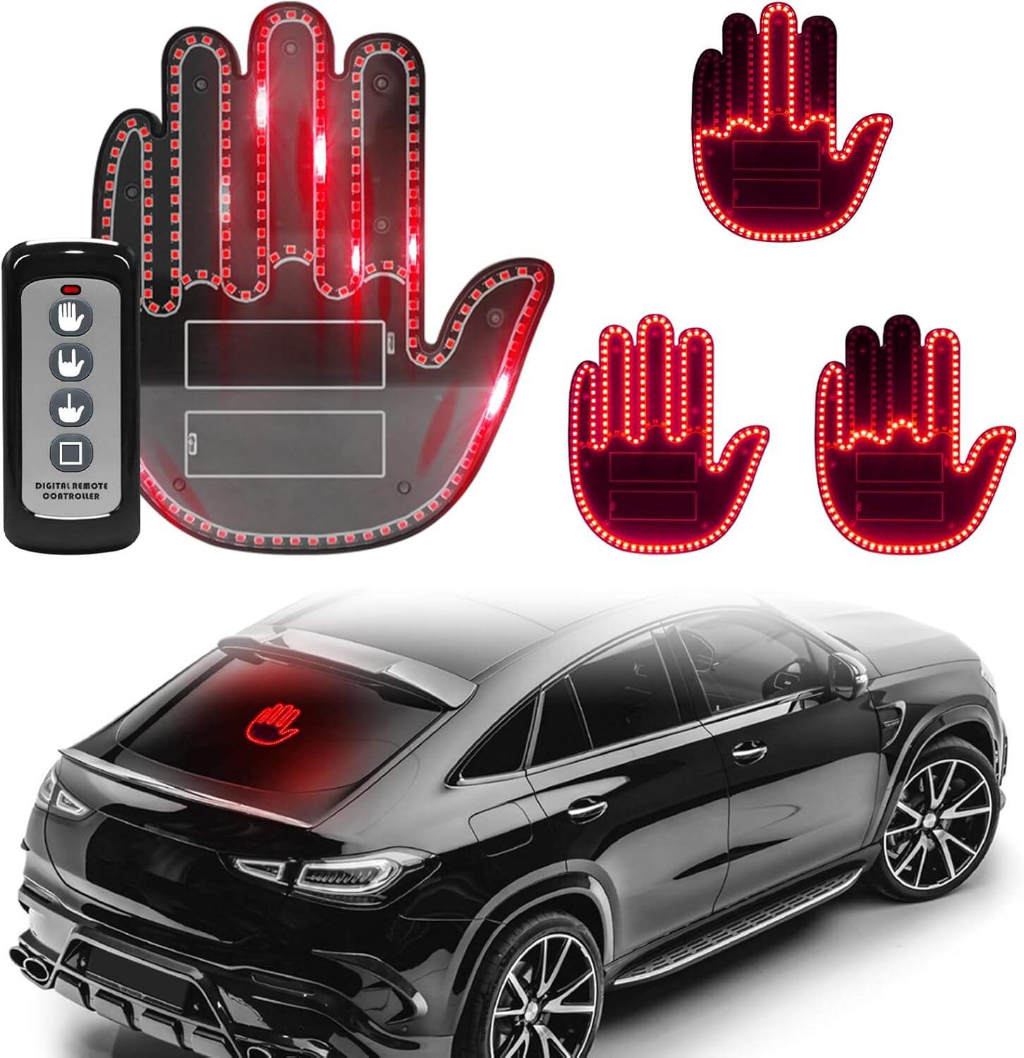 DIBMS Hand Gesture Light with Remote, Red LED Finger Funny Window Sign Light Accessories for Car Truck