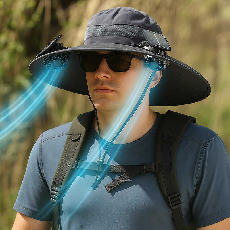 Solar-Powered Double Fan Sun Hat – Wide Brim Outdoor UV Protection Fishing Cap