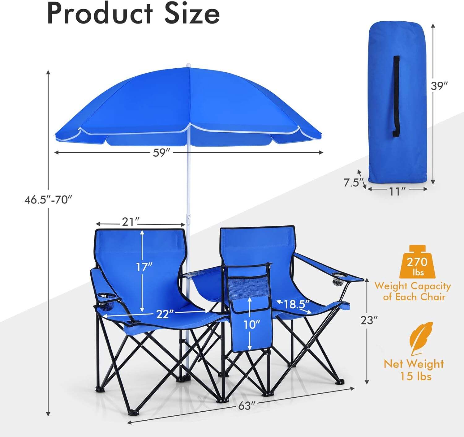 Double Camping Chair, 2-Person Portable Beach Chair w/Removable Umbrella, Cup Holders & Carrying Bag, Folding Loveseat Chairs for Adults Outdoor Picnic (Blue)