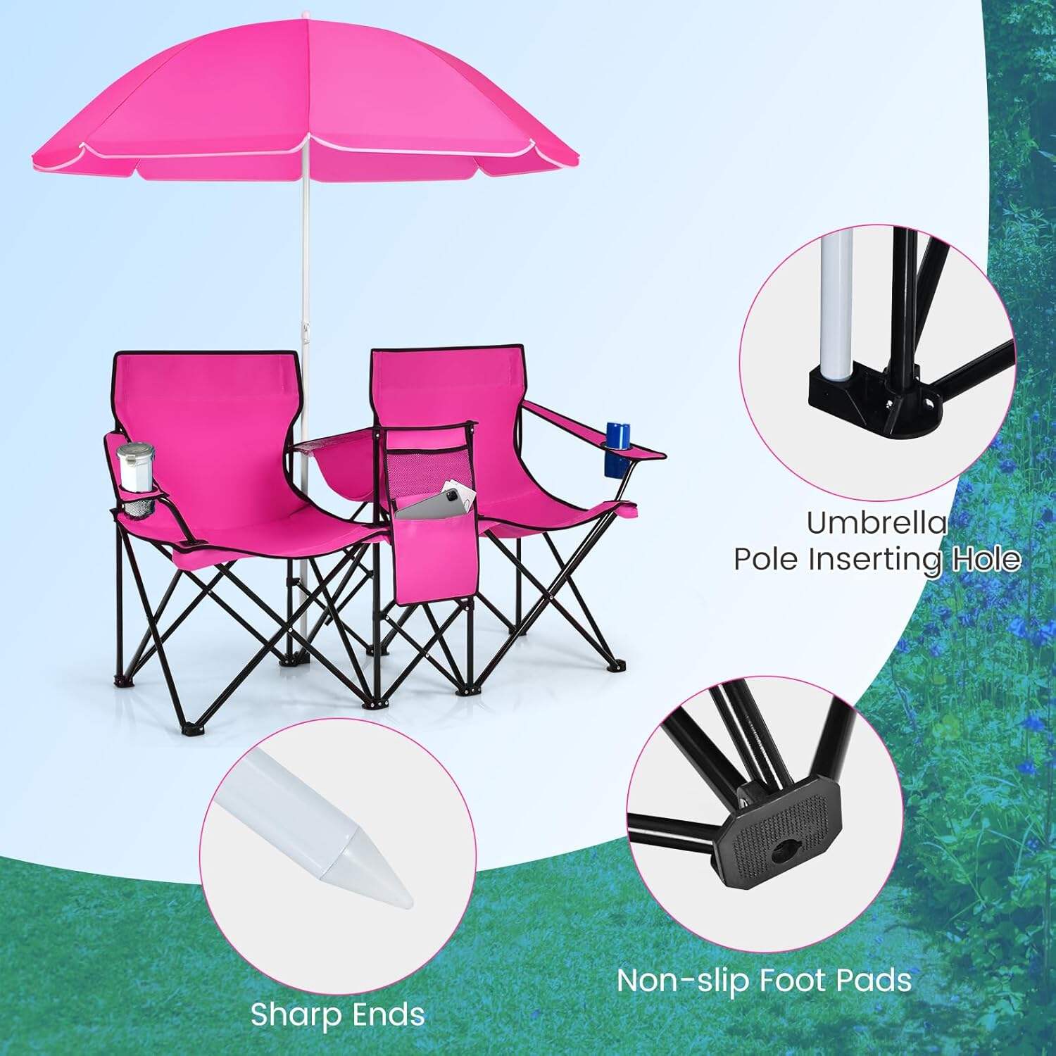 Double Camping Chair, 2-Person Portable Beach Chair w/Removable Umbrella, Cup Holders & Carrying Bag, Folding Loveseat Chairs for Adults Outdoor Picnic (Blue)