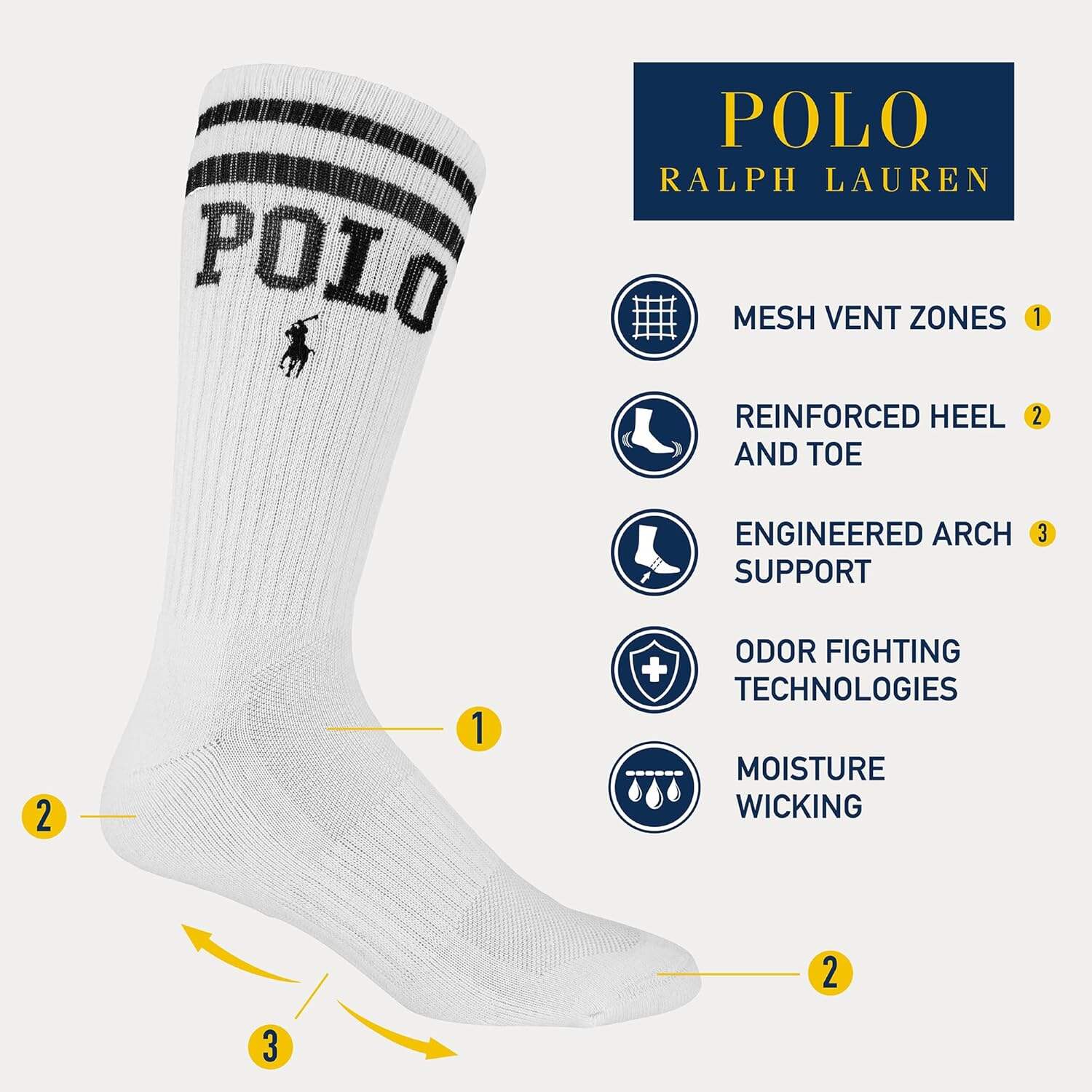 POLO RALPH LAUREN Men's Athletic Performance Cotton Crew Socks - 6 Pair Pack - Moisture Wicking Mesh