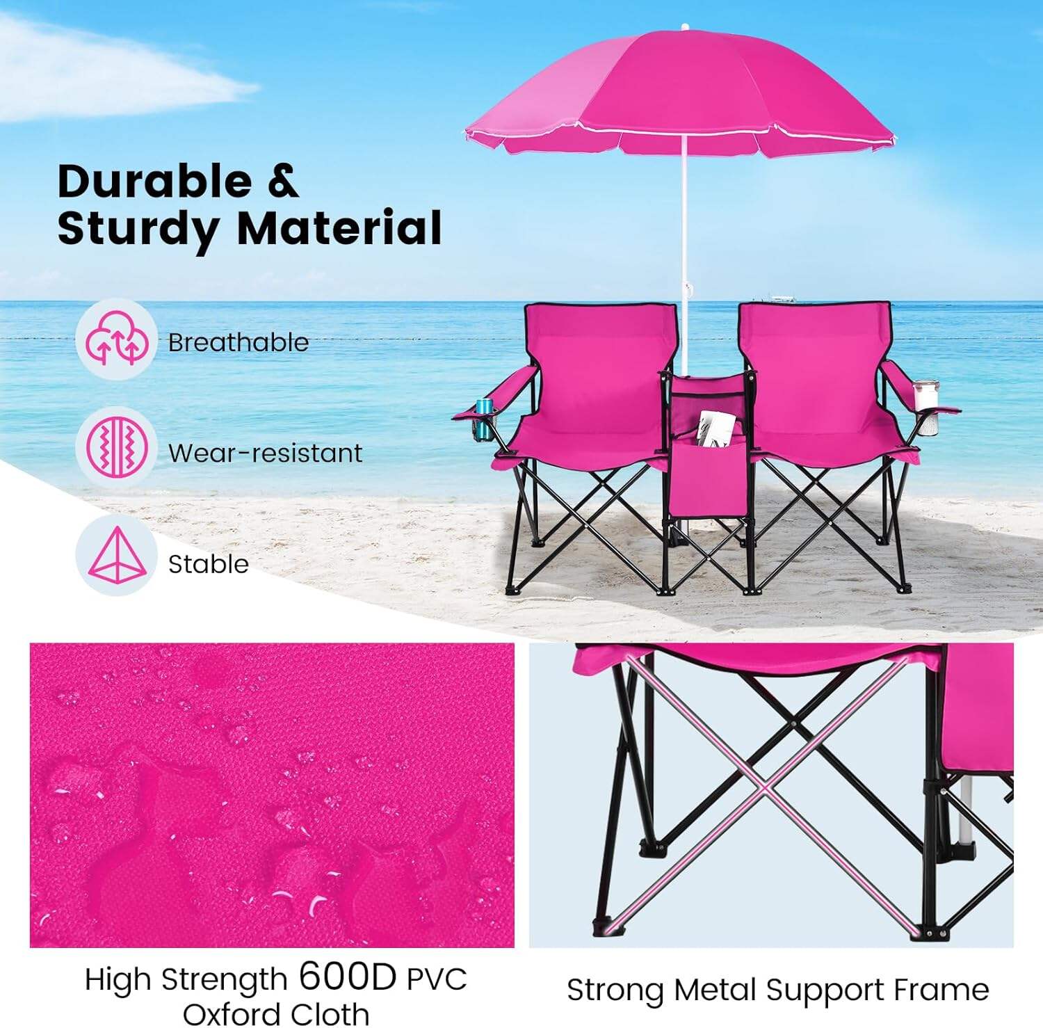 Double Camping Chair, 2-Person Portable Beach Chair w/Removable Umbrella, Cup Holders & Carrying Bag, Folding Loveseat Chairs for Adults Outdoor Picnic (Blue)