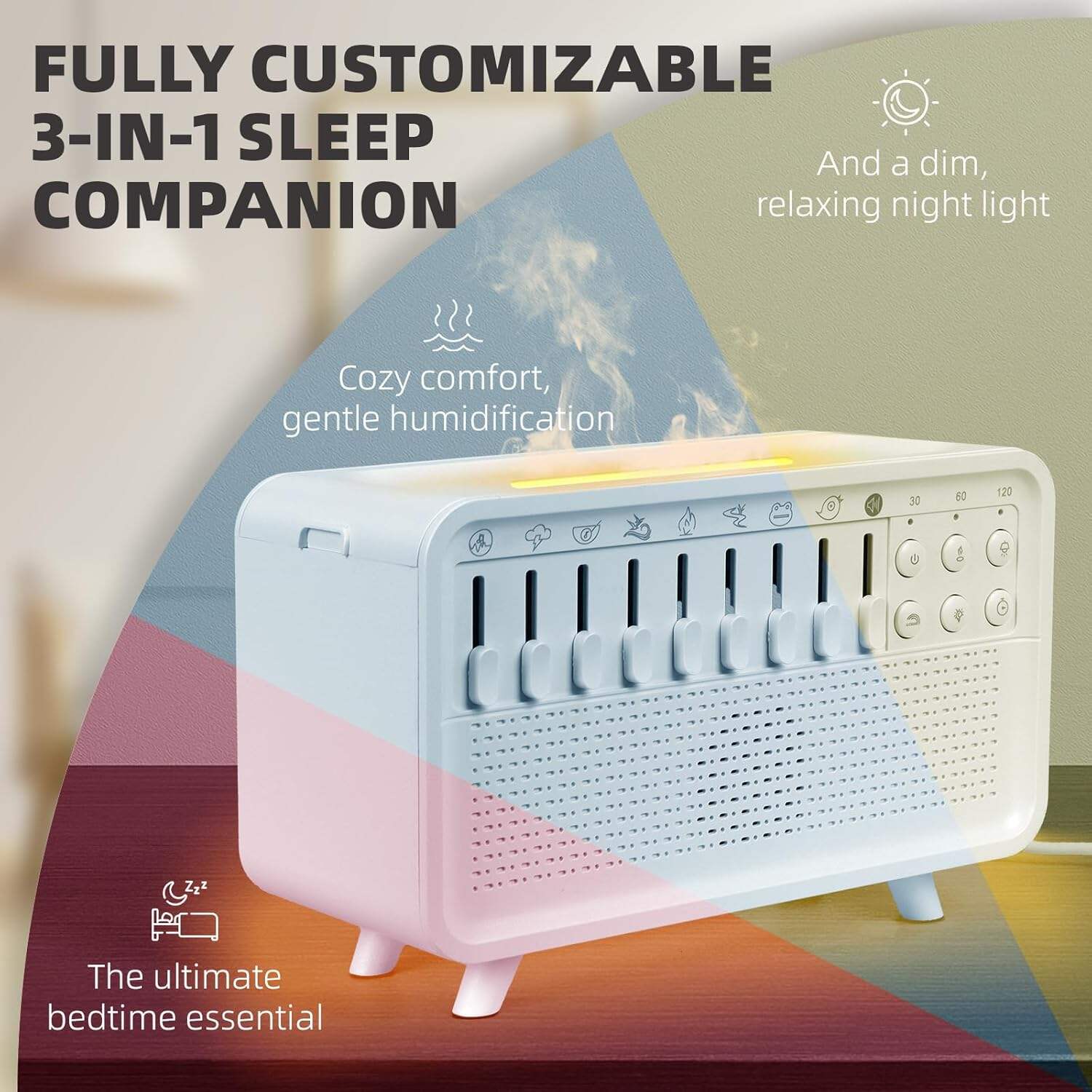 White Noise Sound Machine Humidifier – 8 Nature Sounds, Timer, Auto-Off, Bluetooth Speaker, Flame Light & Aroma Diffuser for Sleep, Meditation & Yoga