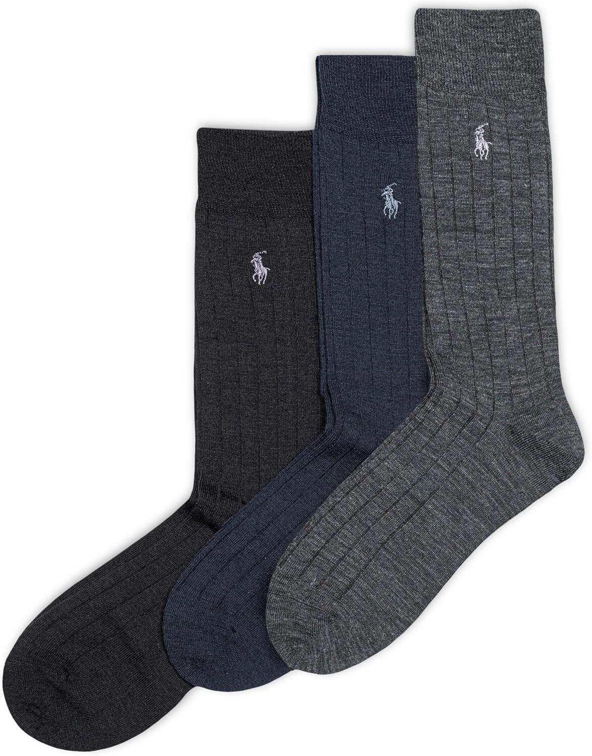 POLO RALPH LAUREN Merino Wool Dress Crew Socks - 3 Pair Pack - Breathable Wool & Heel-toe Reinforcement