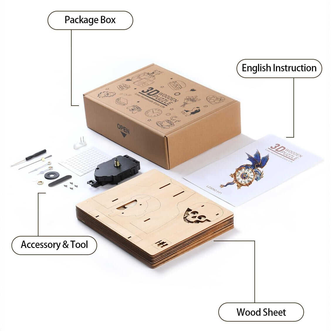 Blue Dragon DIY Wooden Clock, 3D Puzzle Craft Kit