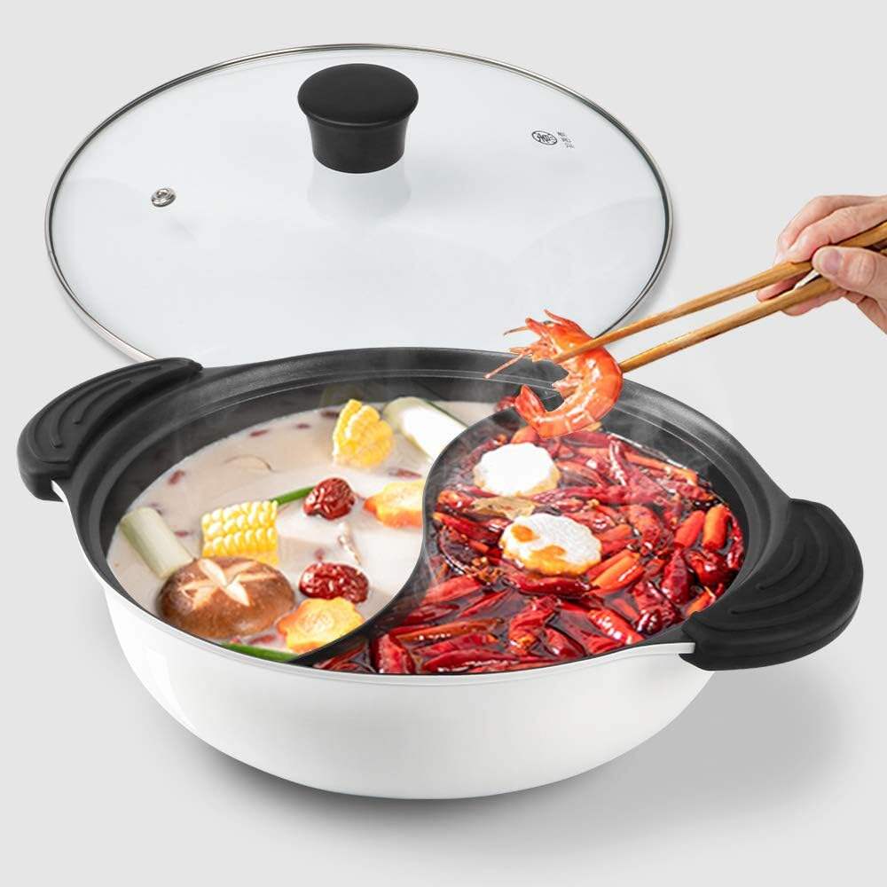 Food Grade Stainless Steel Aluminum Alloy Shabu Shabu Hot pot with Divider&Lid for Induction Cooktop Gas Stove Dual Sided Soup Cookware
