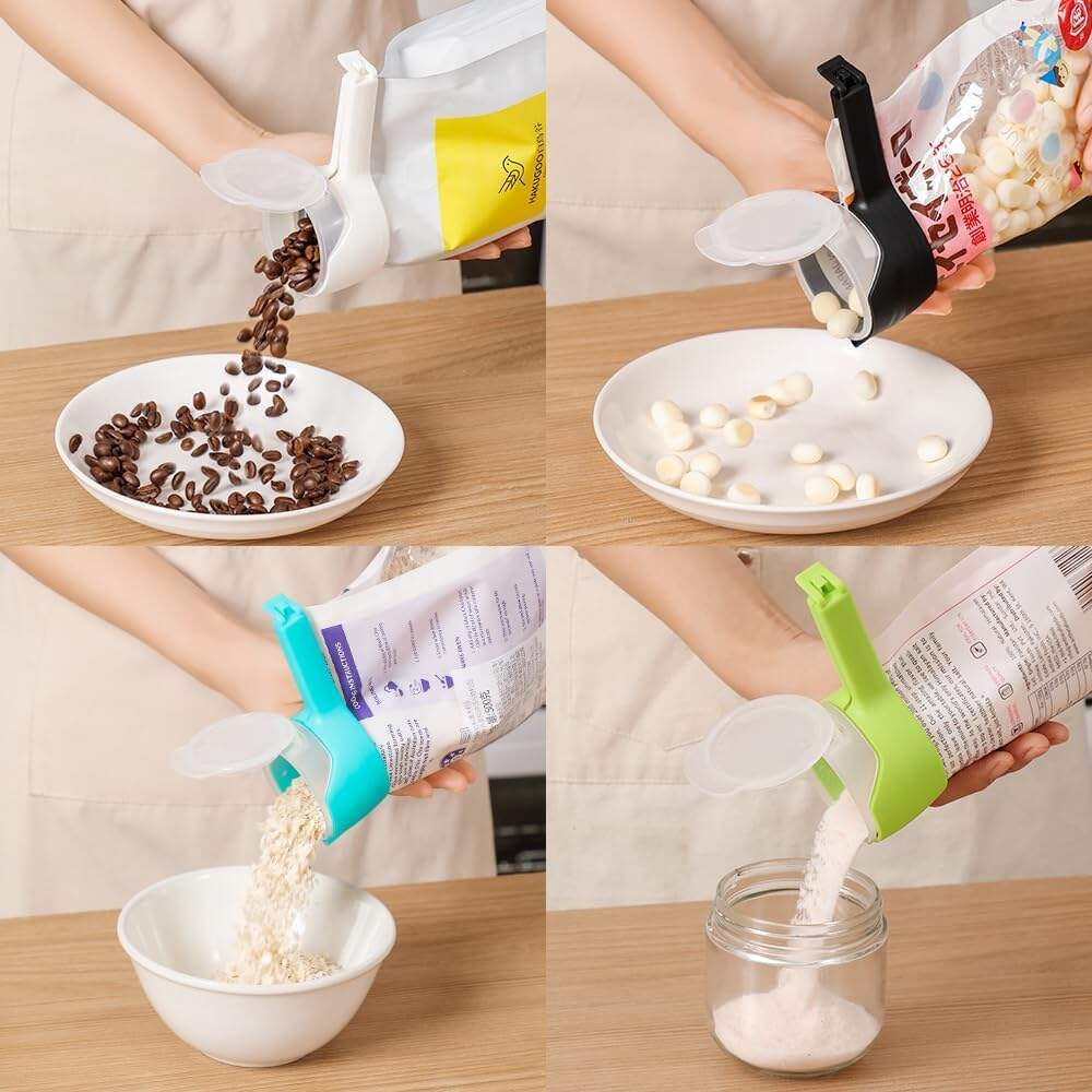 Food Clip Set with Pour Spout, 4PCS Seal and Pour Bag Clip with Spout for Food Snacks (Round)