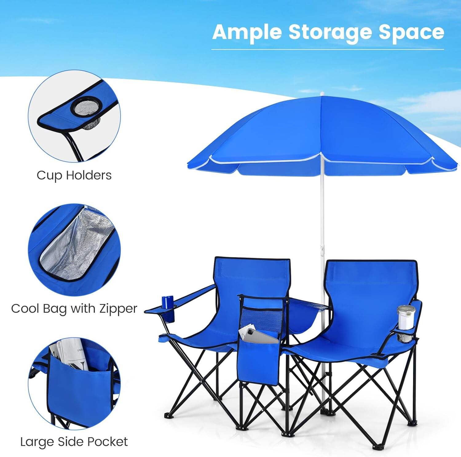 Double Camping Chair, 2-Person Portable Beach Chair w/Removable Umbrella, Cup Holders & Carrying Bag, Folding Loveseat Chairs for Adults Outdoor Picnic (Blue)