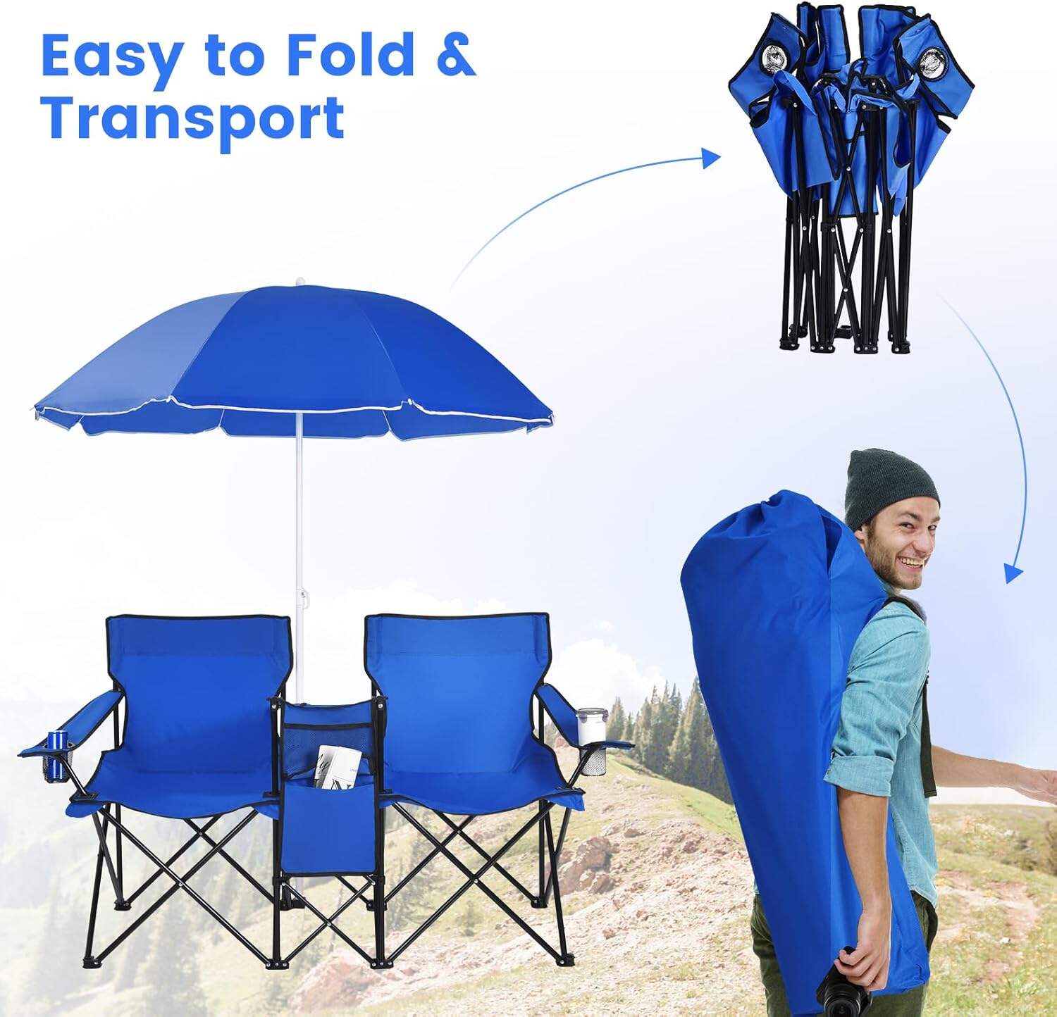 Double Camping Chair, 2-Person Portable Beach Chair w/Removable Umbrella, Cup Holders & Carrying Bag, Folding Loveseat Chairs for Adults Outdoor Picnic (Blue)