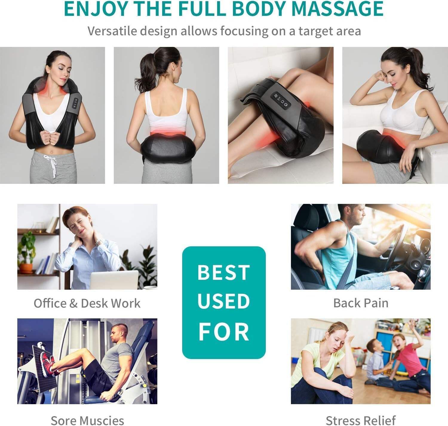 Shiatsu Neck and Back Massager with Soothing Heat, Electric Deep Tissue 3D Kneading Massage for Shoulder, Leg, Body Muscle Pain Relief, Home, Office, and Car