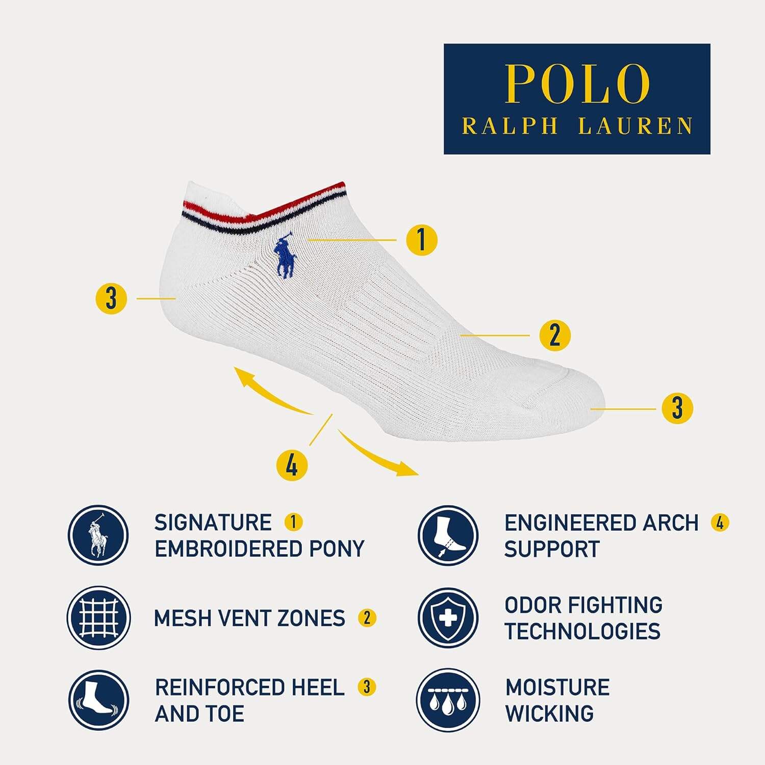 POLO RALPH LAUREN mens Athletic Performance Cotton Low Cut Socks - 6 Pair Pack - Moisture Wicking Mesh