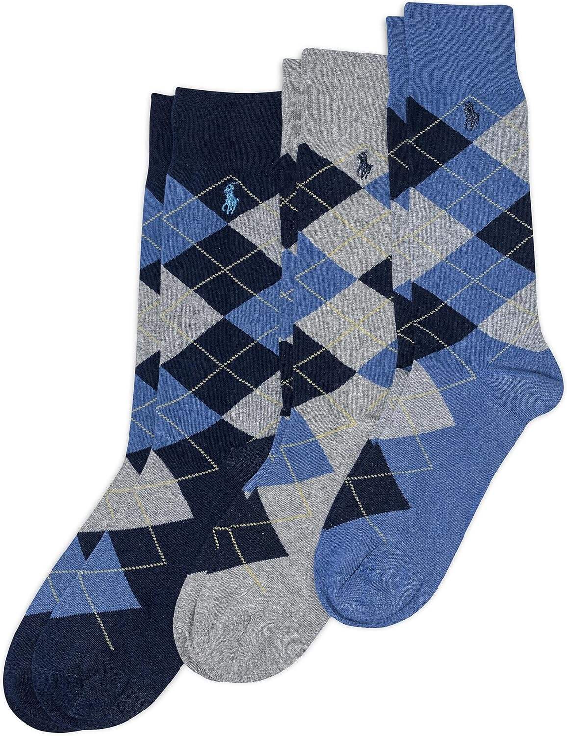 Polo Ralph Lauren Men's Argyle Pattern Dress Crew Socks - 3 Pair Pack - Soft Lightweight Cotton Comfort