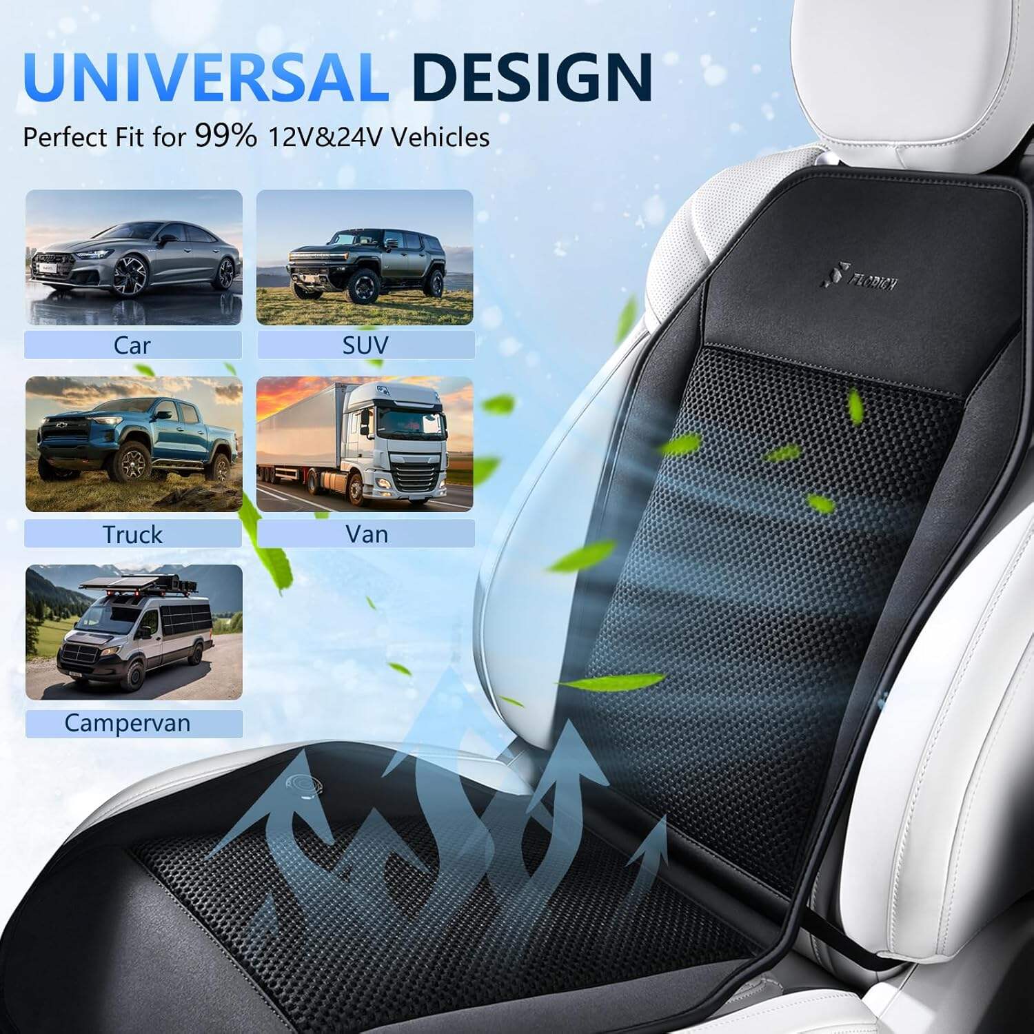 FLORICH Cooling Car Seat Cover, 12V-24V Ventilated Seat Cushion Cooling Car Seat Pad for Summer Driving with 2 Powerful Turbo Fans 3-Speed Temperature Adjustable Universal Fit for Car SUV Truck Van