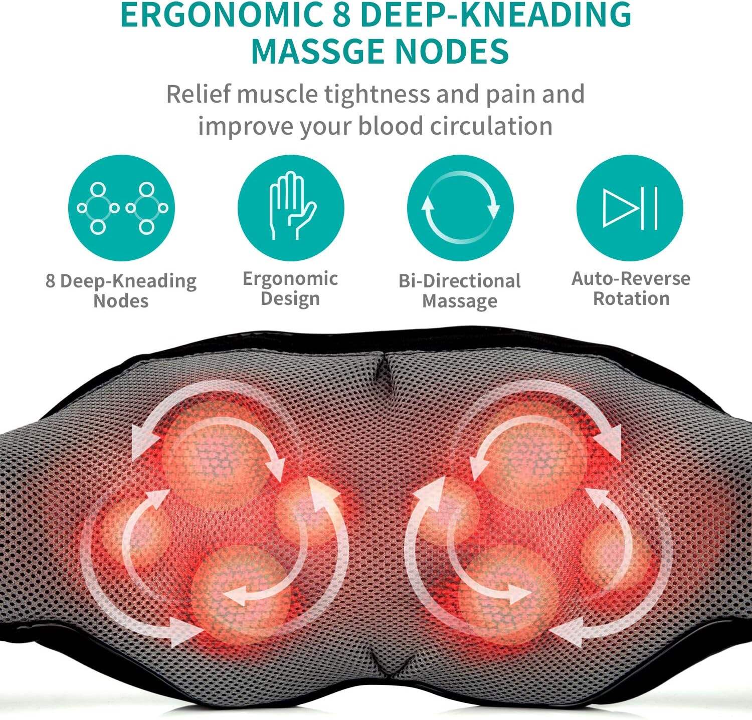 Shiatsu Neck and Back Massager with Soothing Heat, Electric Deep Tissue 3D Kneading Massage for Shoulder, Leg, Body Muscle Pain Relief, Home, Office, and Car