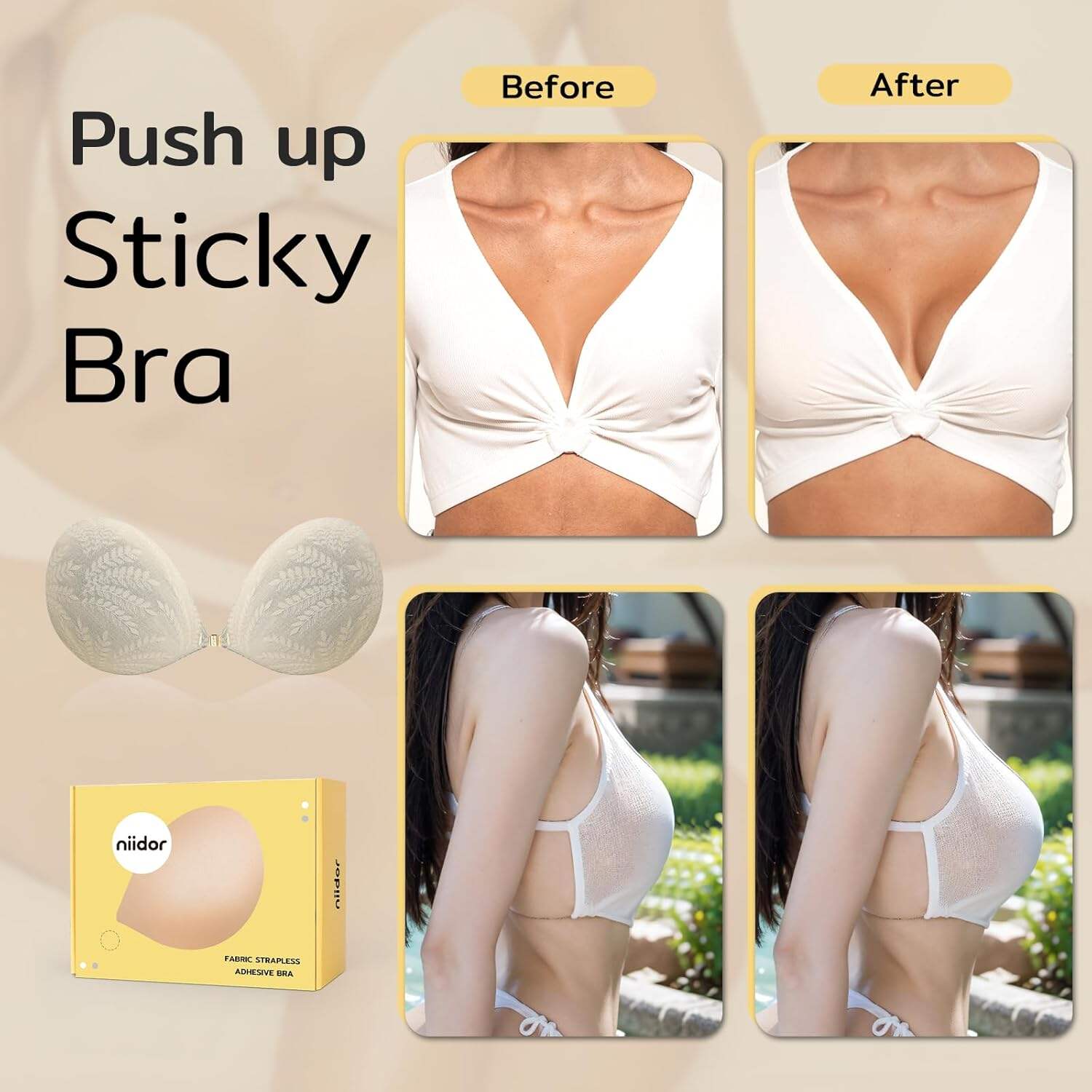 Niidor Adhesive Strapless Bra for Women Sticky Invisible Push up Silicone Bra for Backless Dress 2025 Upgraded Clasp Bras