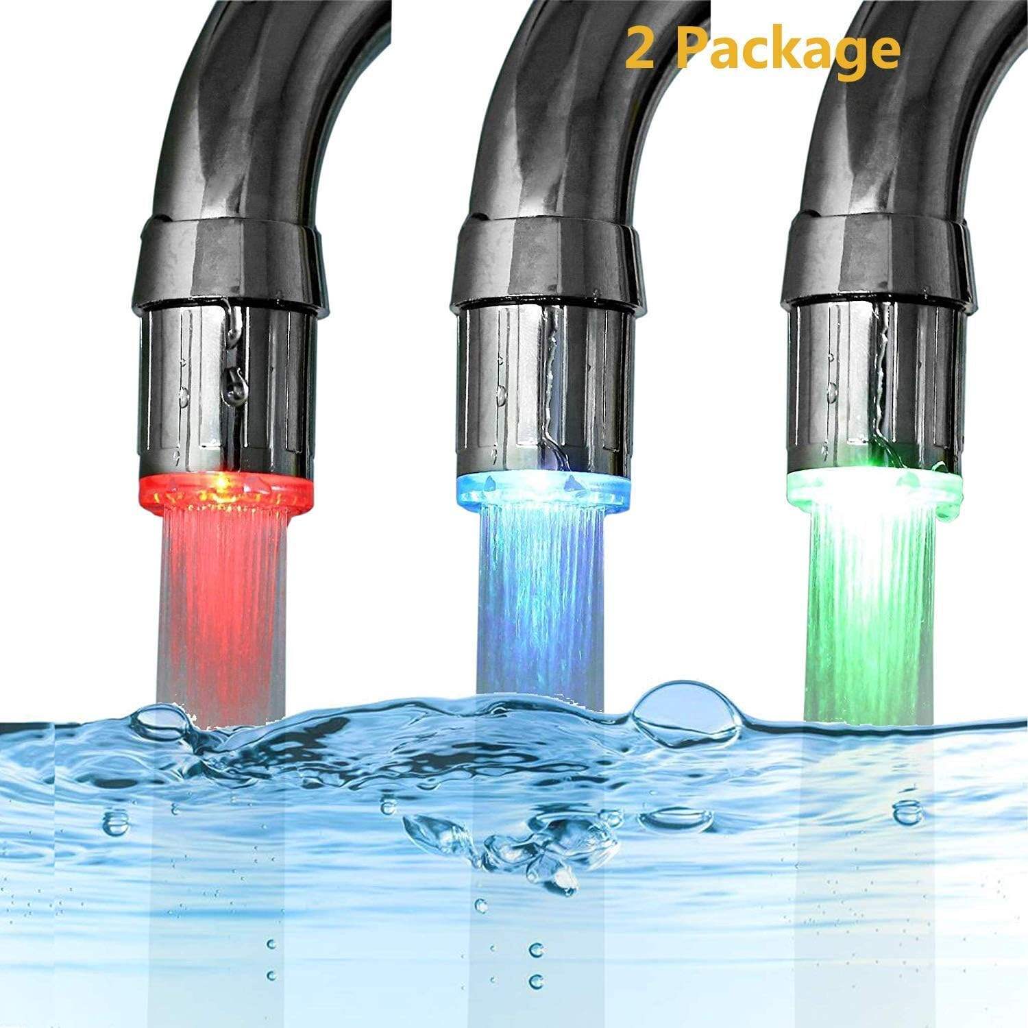 2 Pack 3-Color Temperature Sensitive Gradient LED Water Faucet Light - Color Changing Tap for Kitchen & Bathroom