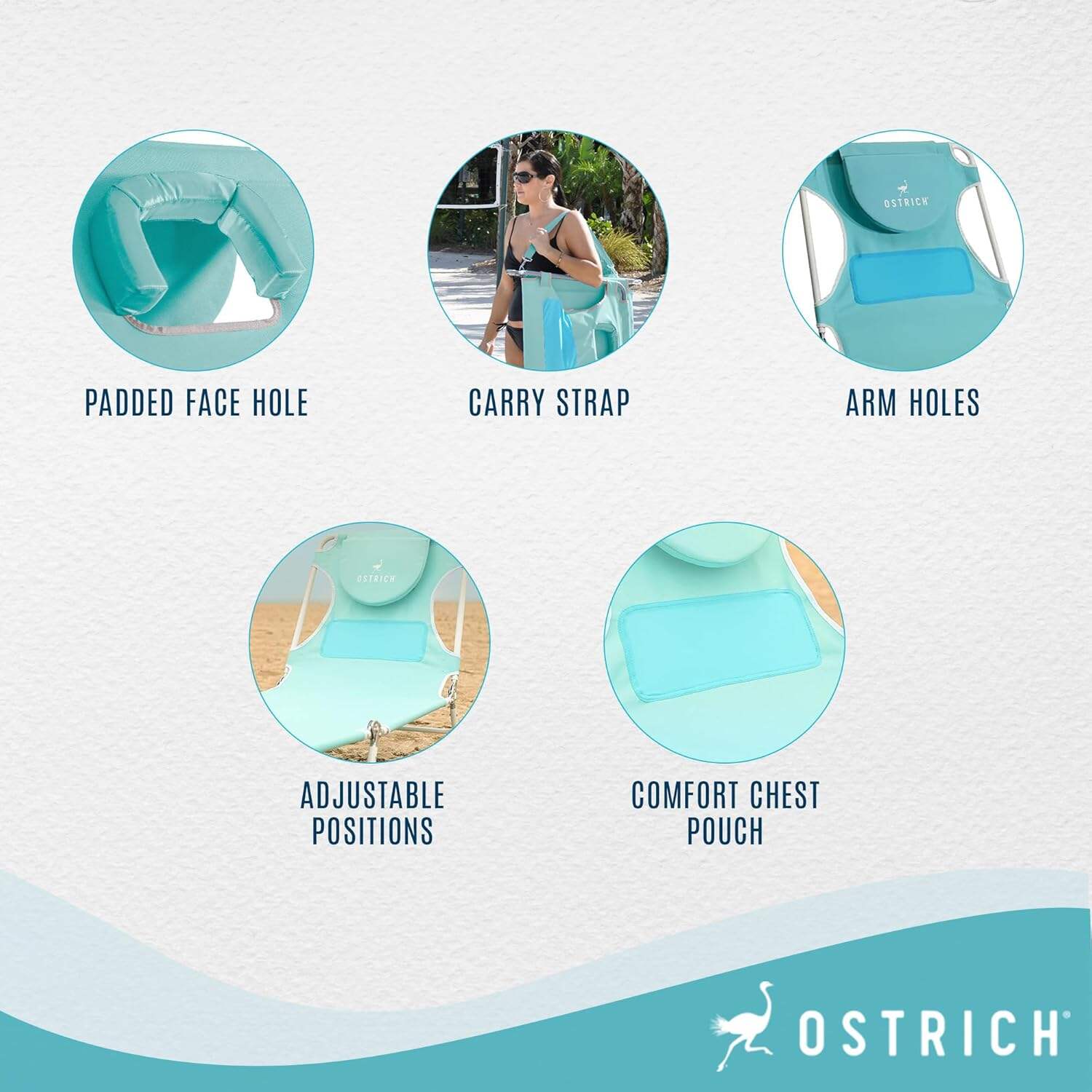 Ostrich Ladies Comfort Lounger, Foldable Beach Camping Pool Tanning Chair, Aqua
