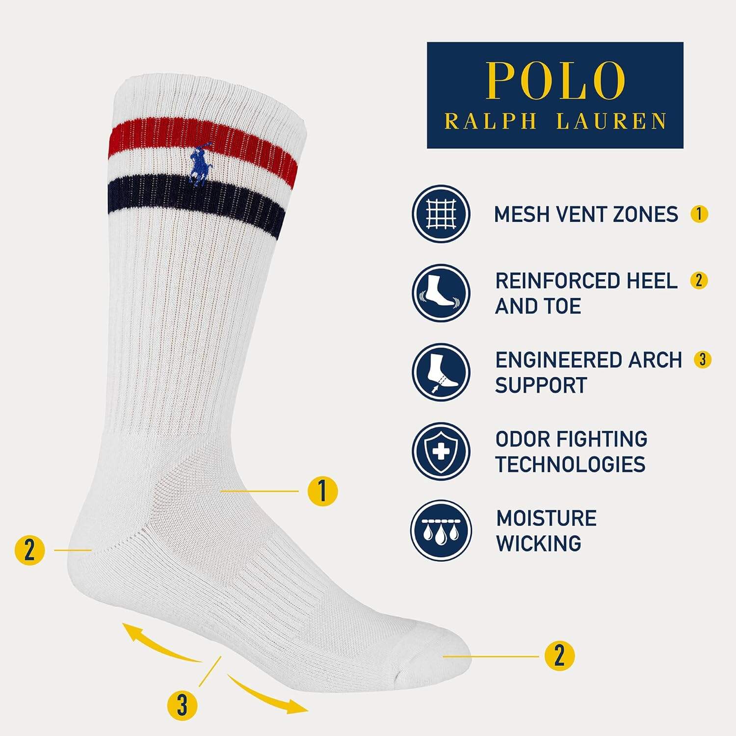 POLO RALPH LAUREN Men's Athletic Performance Cotton Crew Socks - 6 Pair Pack - Moisture Wicking Mesh