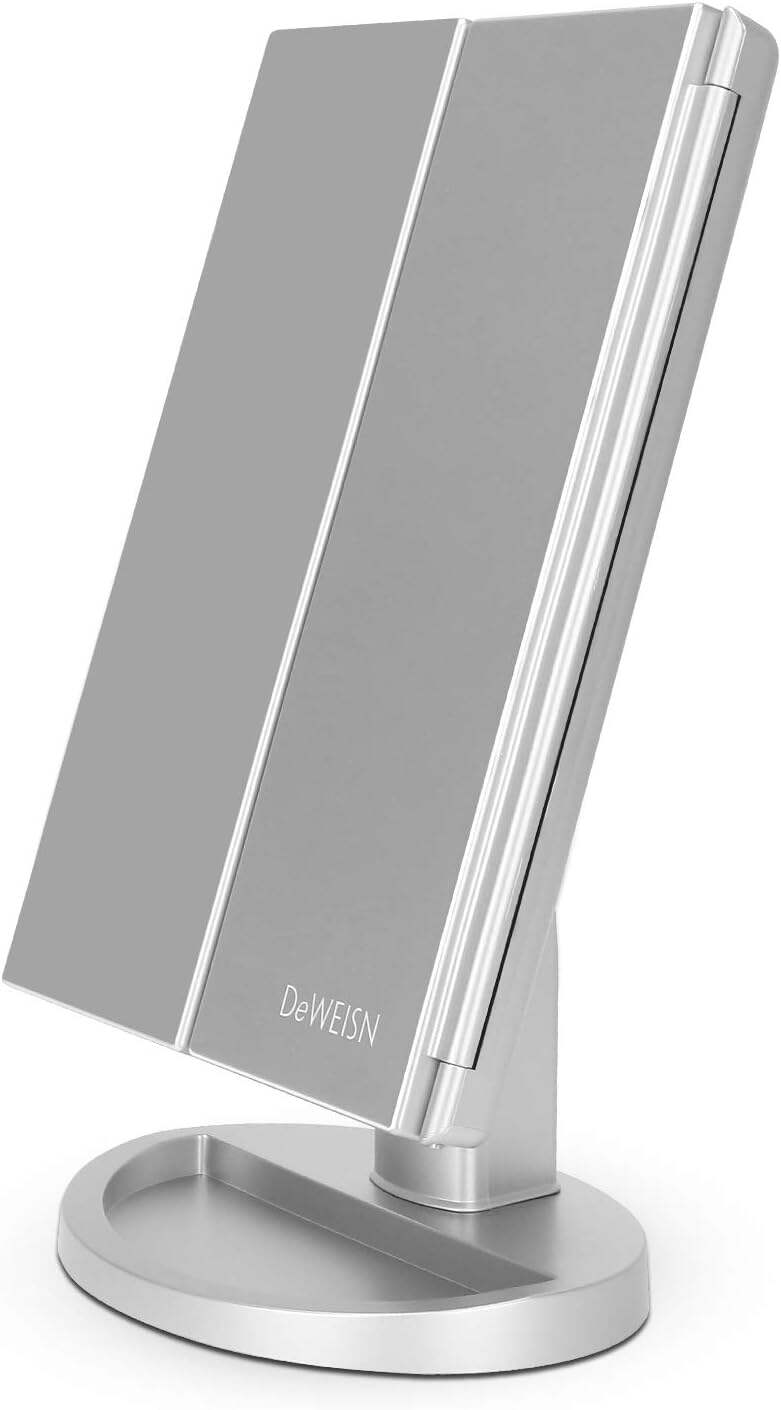 deweisn Tabletop Mount Trifold Lighted Vanity Mirror with 21 LED Lights, Touch Screen and 3X/2X/1X Magnification, Two Power Supply Mode Make up Mirror,Travel Mirror