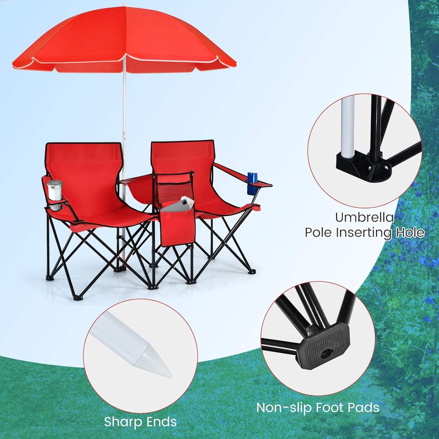 Double Camping Chair, 2-Person Portable Beach Chair w/Removable Umbrella, Cup Holders & Carrying Bag, Folding Loveseat Chairs for Adults Outdoor Picnic (Blue)