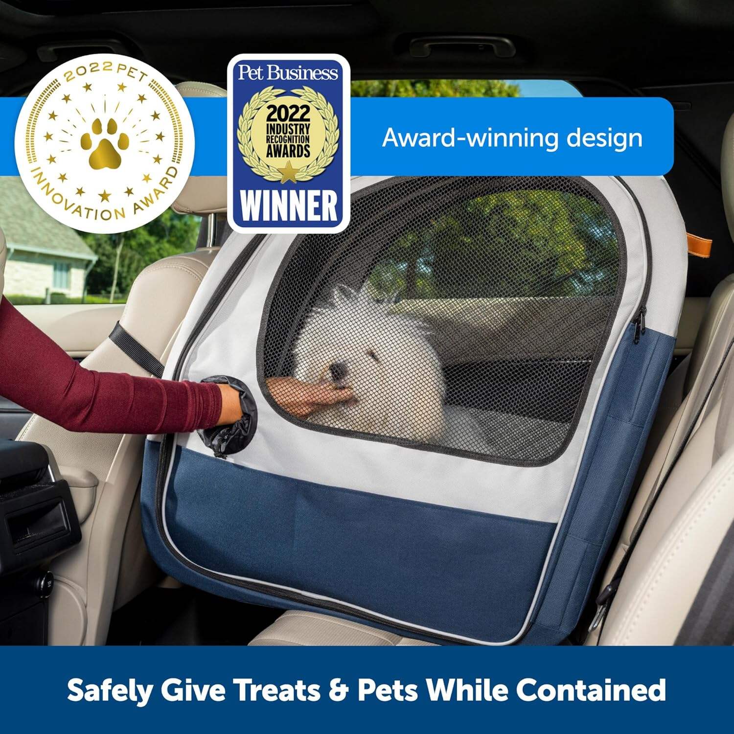 PetSafe Portable Pet Crate for Car, Aluminum Frame Dog Crate, Folds Down for Storage, Secures with Headrest Strap and Seatbelt, Pet Travel (Gray/Blue)