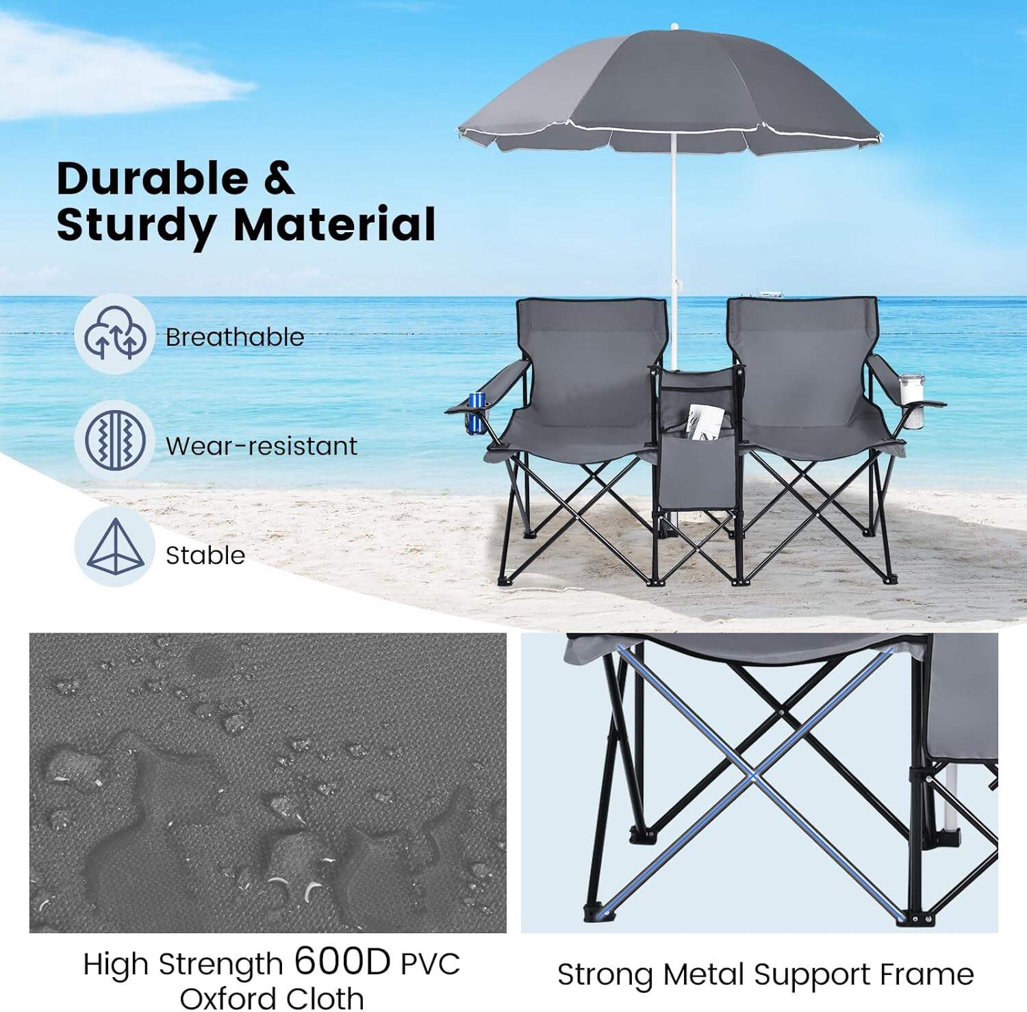 Double Camping Chair, 2-Person Portable Beach Chair w/Removable Umbrella, Cup Holders & Carrying Bag, Folding Loveseat Chairs for Adults Outdoor Picnic (Blue)