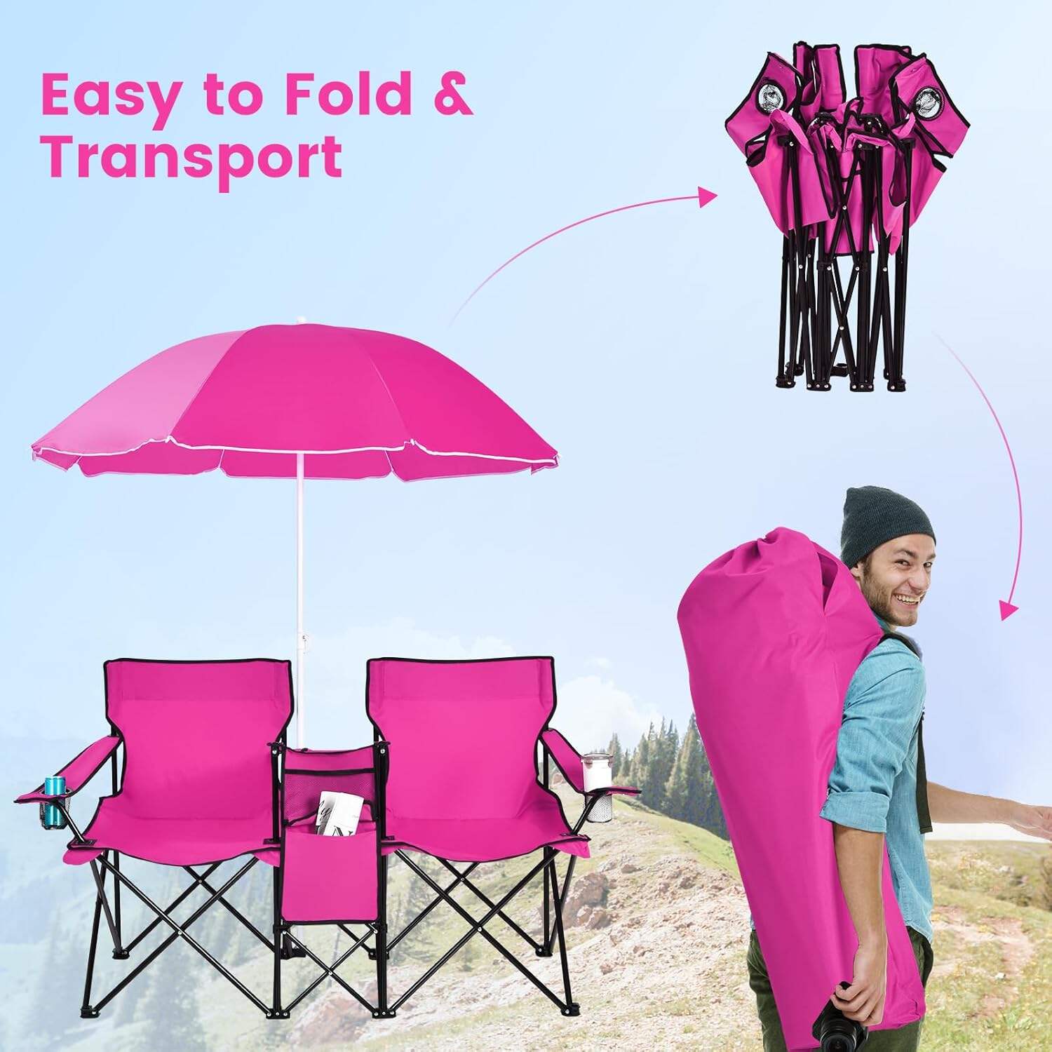 Double Camping Chair, 2-Person Portable Beach Chair w/Removable Umbrella, Cup Holders & Carrying Bag, Folding Loveseat Chairs for Adults Outdoor Picnic (Blue)
