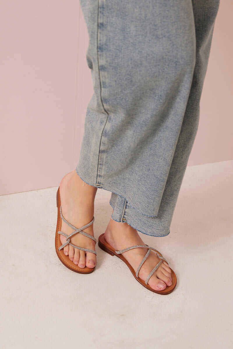 Crystal Strappy Sliders in Sepia