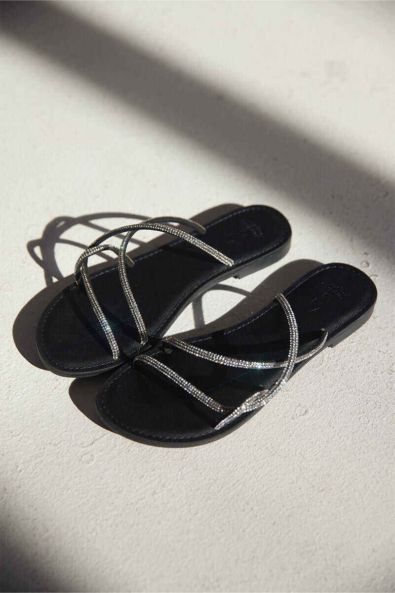Crystal Strappy Sliders in Black