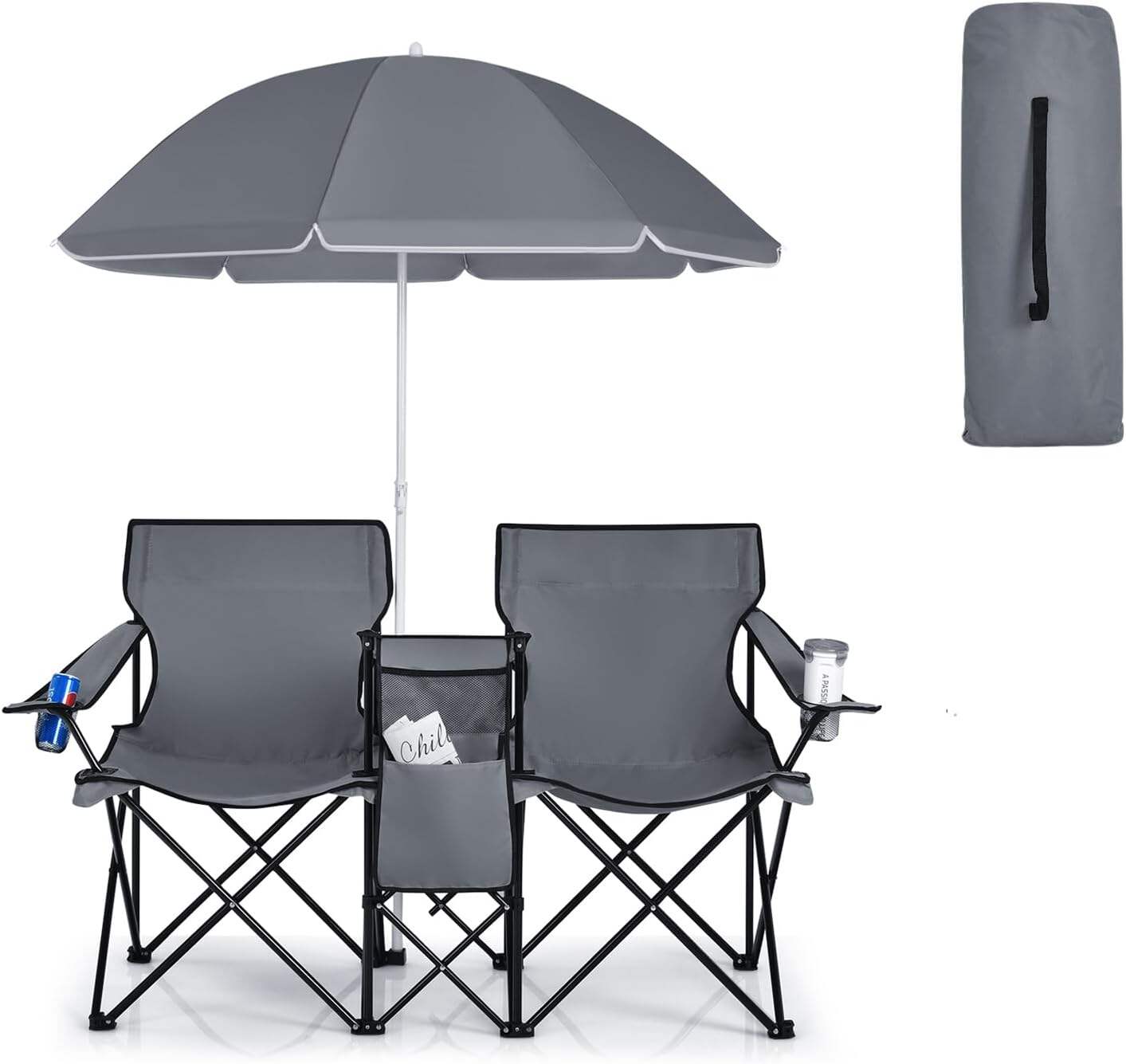 Double Camping Chair, 2-Person Portable Beach Chair w/Removable Umbrella, Cup Holders & Carrying Bag, Folding Loveseat Chairs for Adults Outdoor Picnic (Blue)