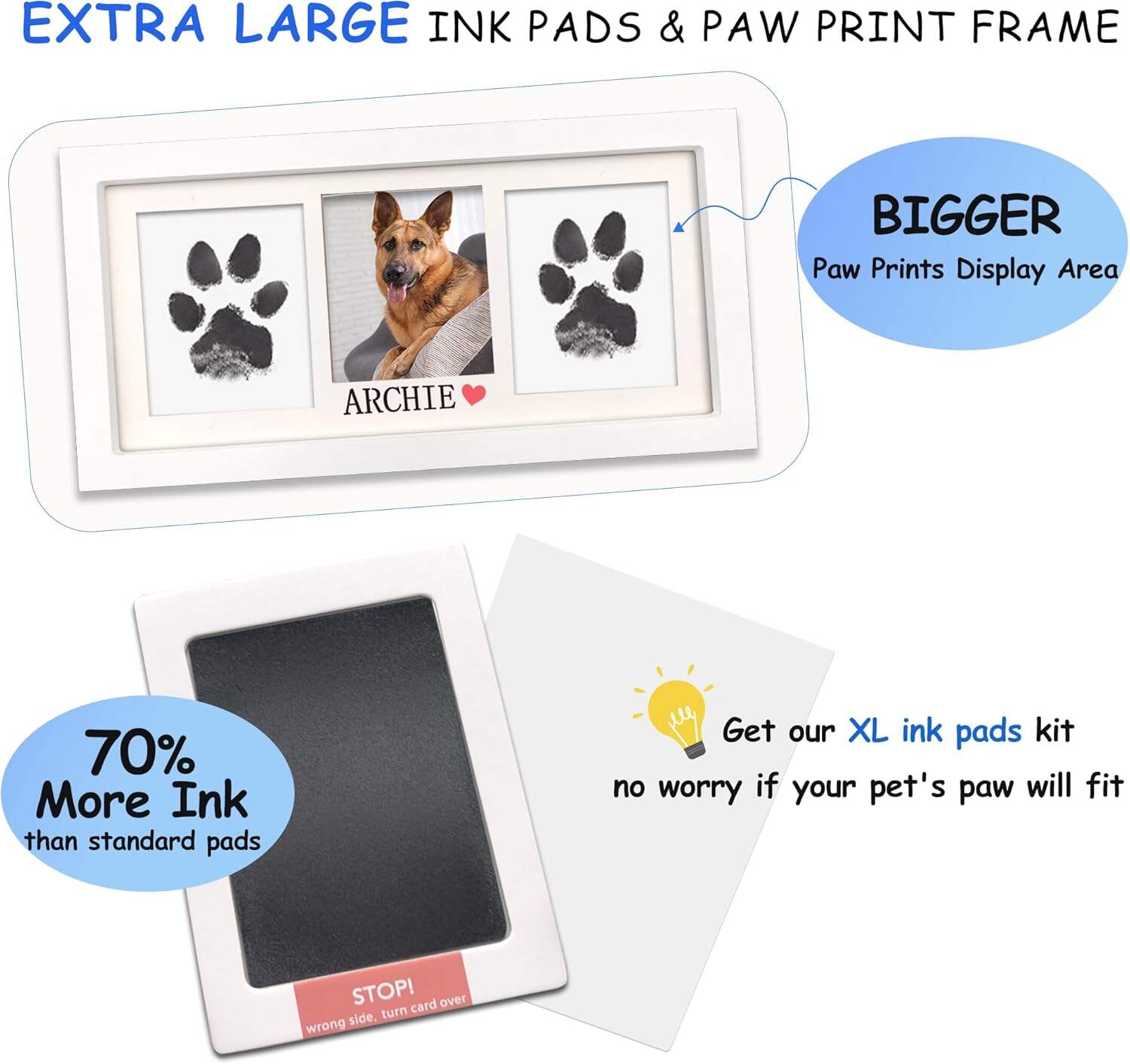 MYPAWLETS Paw Print Frame & Ink Pads Kit,Dog or Cat Paw Print Kit,2 No Mess Ink Pads for Pets,Paw Print Stamp Pad for Dogs,Wooden Pet Memorial Frame,Personalized Pet Paw Print Gifts