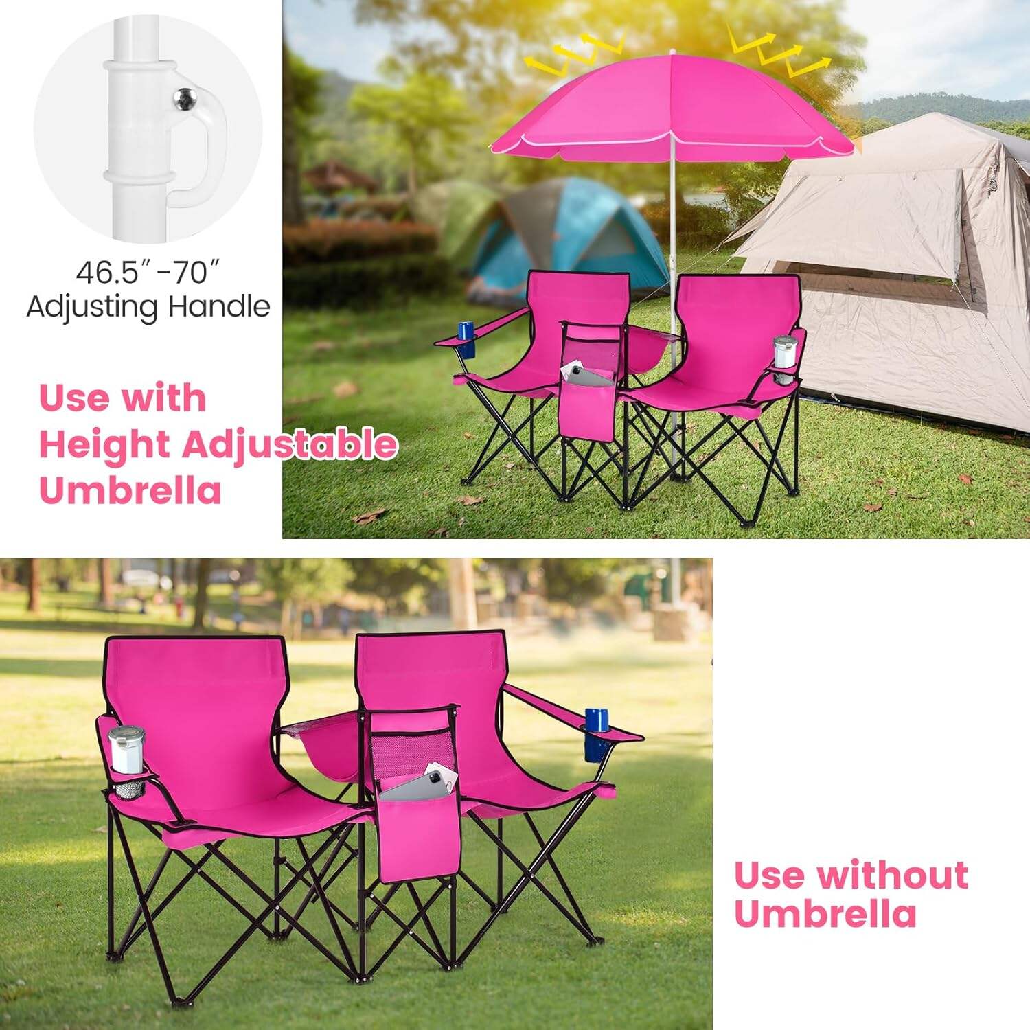 Double Camping Chair, 2-Person Portable Beach Chair w/Removable Umbrella, Cup Holders & Carrying Bag, Folding Loveseat Chairs for Adults Outdoor Picnic (Blue)