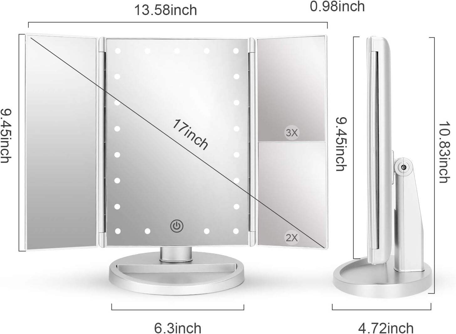 deweisn Tabletop Mount Trifold Lighted Vanity Mirror with 21 LED Lights, Touch Screen and 3X/2X/1X Magnification, Two Power Supply Mode Make up Mirror,Travel Mirror