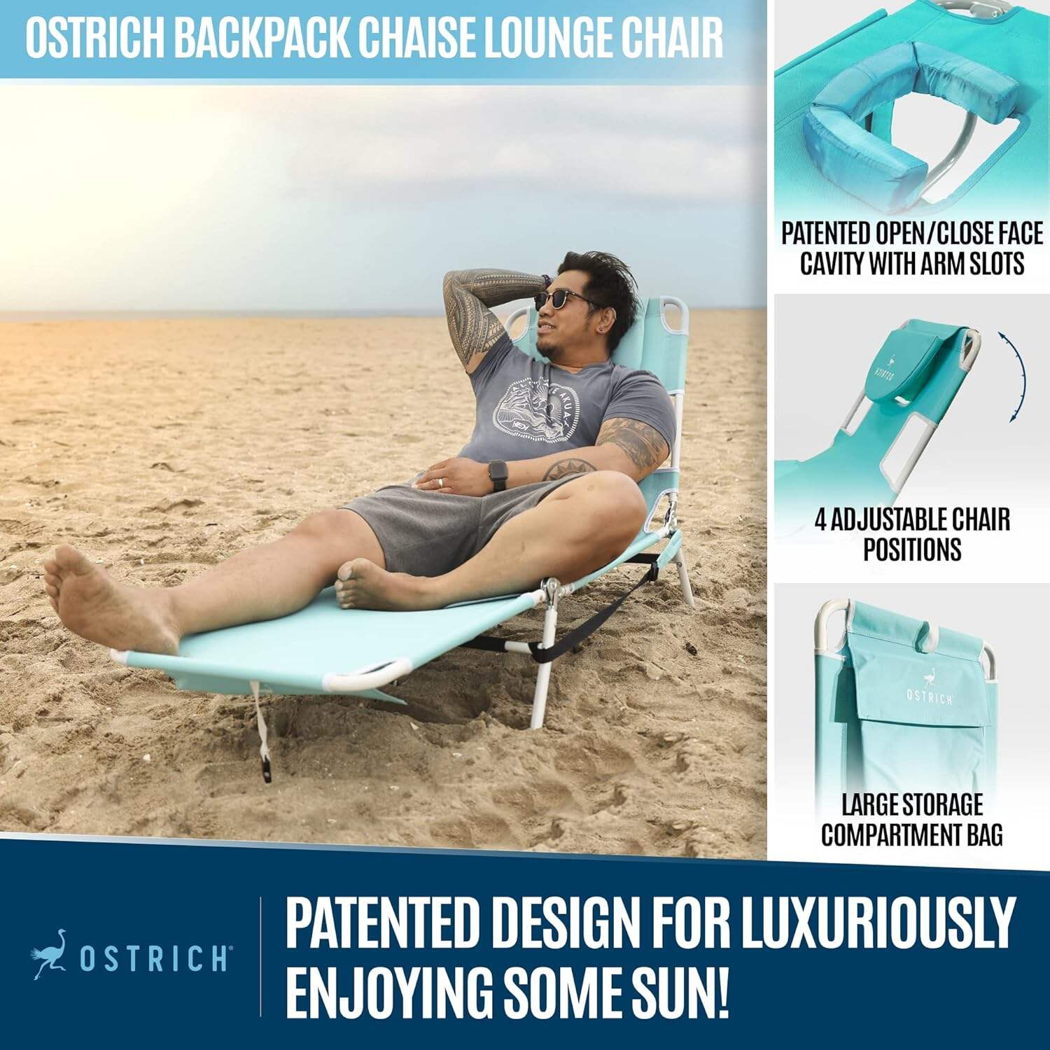 Ostrich Ladies Comfort Lounger, Foldable Beach Camping Pool Tanning Chair, Aqua