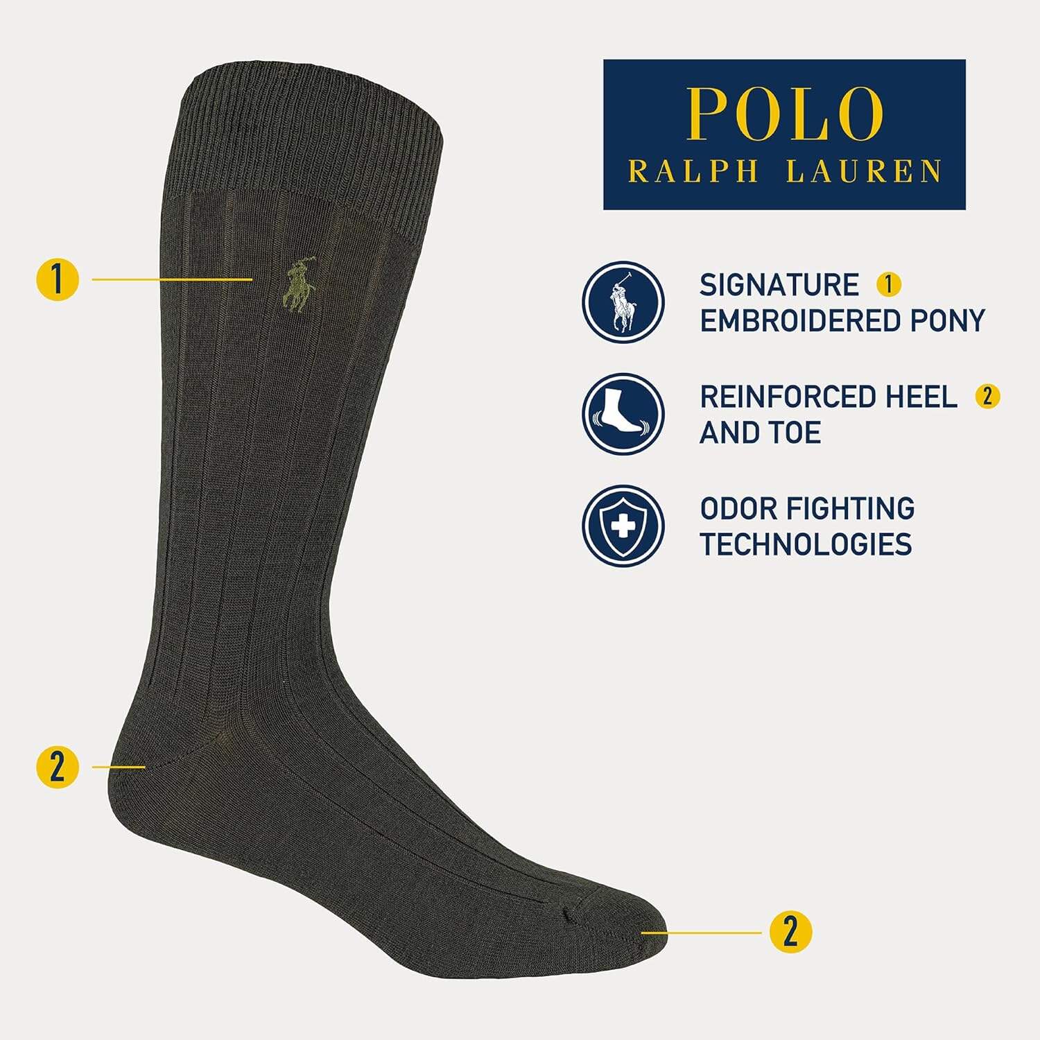 POLO RALPH LAUREN Merino Wool Dress Crew Socks - 3 Pair Pack - Breathable Wool & Heel-toe Reinforcement