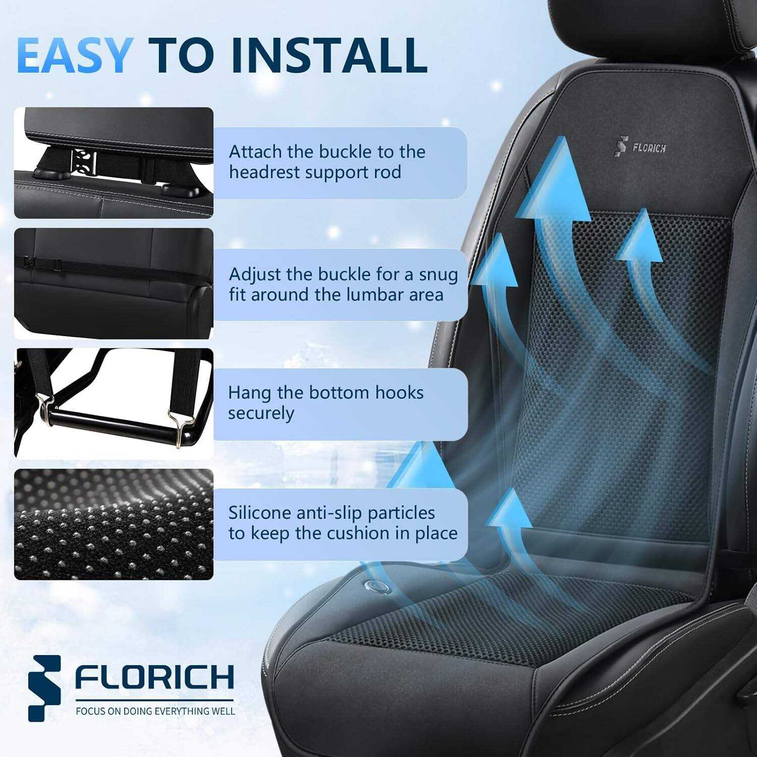 FLORICH Cooling Car Seat Cover, 12V-24V Ventilated Seat Cushion Cooling Car Seat Pad for Summer Driving with 2 Powerful Turbo Fans 3-Speed Temperature Adjustable Universal Fit for Car SUV Truck Van