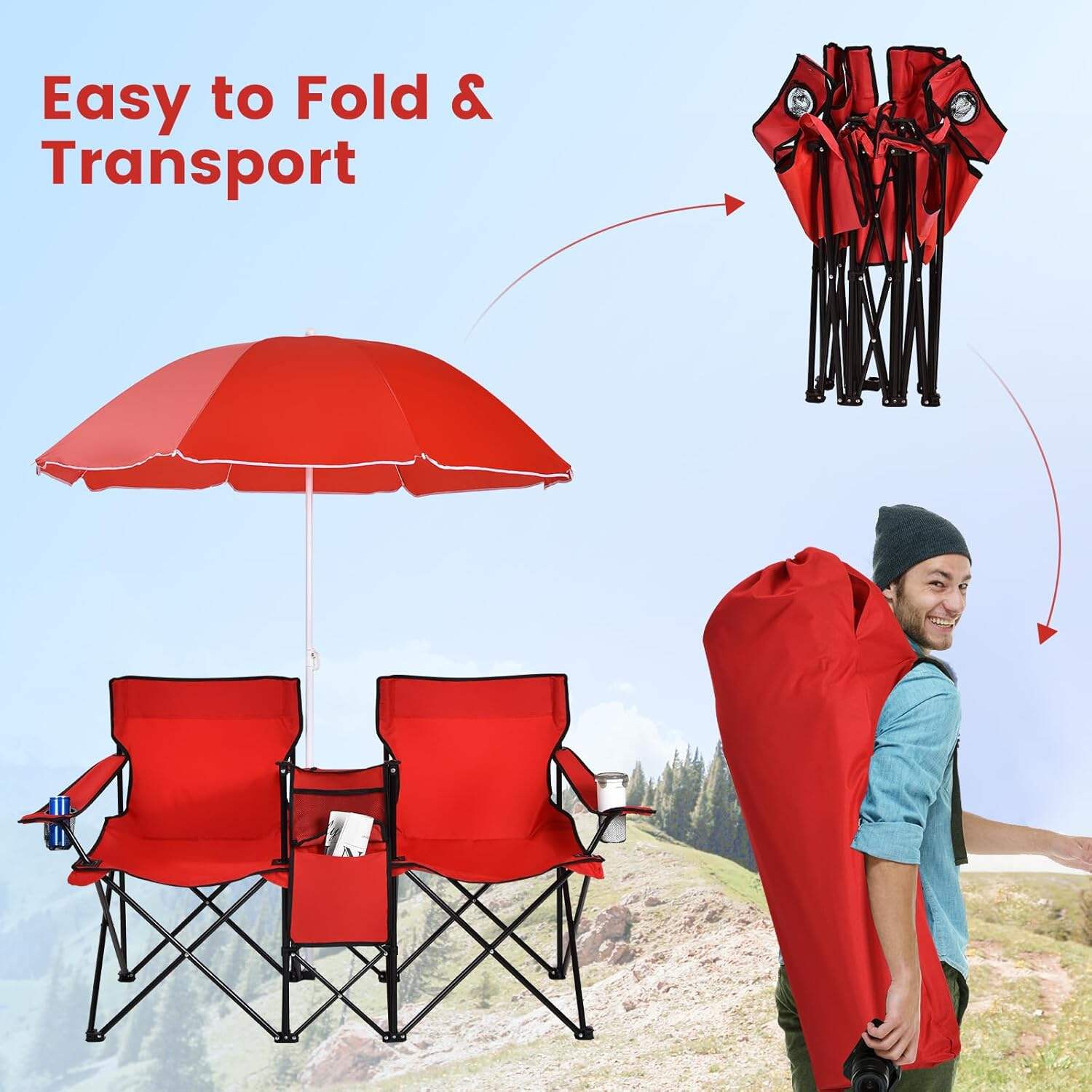 Double Camping Chair, 2-Person Portable Beach Chair w/Removable Umbrella, Cup Holders & Carrying Bag, Folding Loveseat Chairs for Adults Outdoor Picnic (Blue)