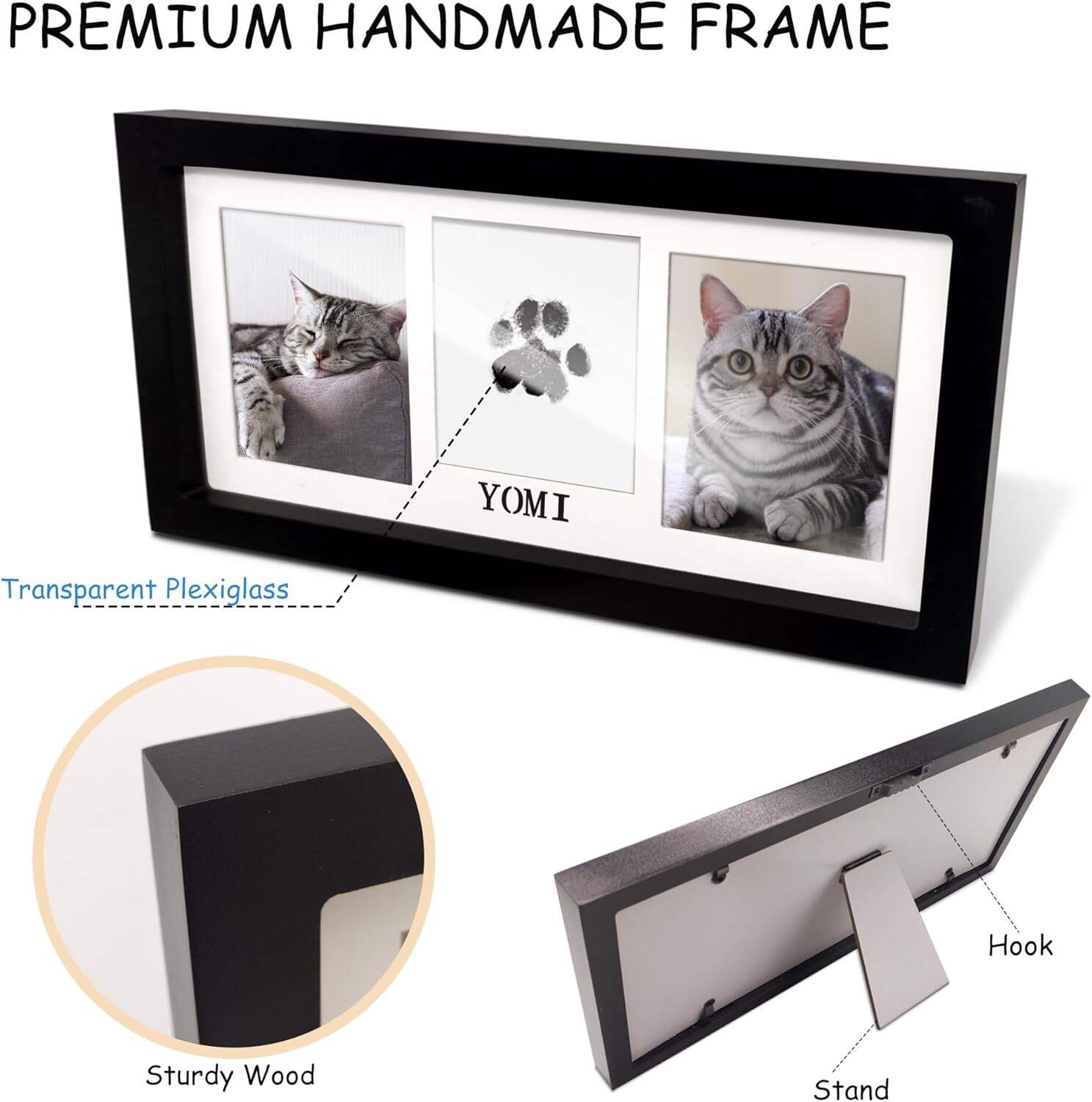 MYPAWLETS Paw Print Frame & Ink Pads Kit,Dog or Cat Paw Print Kit,2 No Mess Ink Pads for Pets,Paw Print Stamp Pad for Dogs,Wooden Pet Memorial Frame,Personalized Pet Paw Print Gifts