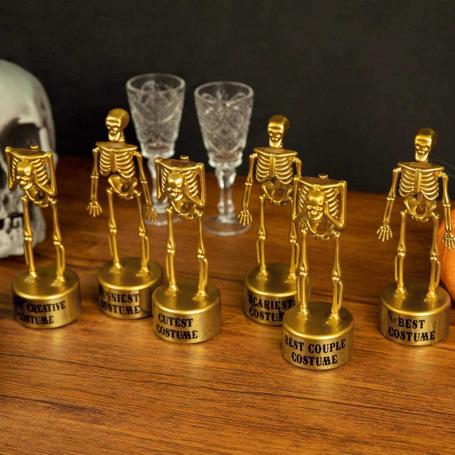 ORIENTAL CHERRY Halloween Party Supplies - Golden Best Costume Skeleton Trophies for Kids Adults Contest Awards Prizes - 4 Pack