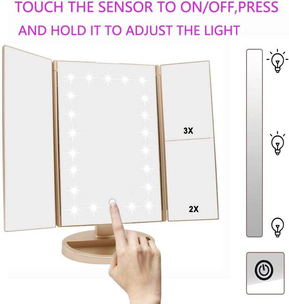 deweisn Tabletop Mount Trifold Lighted Vanity Mirror with 21 LED Lights, Touch Screen and 3X/2X/1X Magnification, Two Power Supply Mode Make up Mirror,Travel Mirror